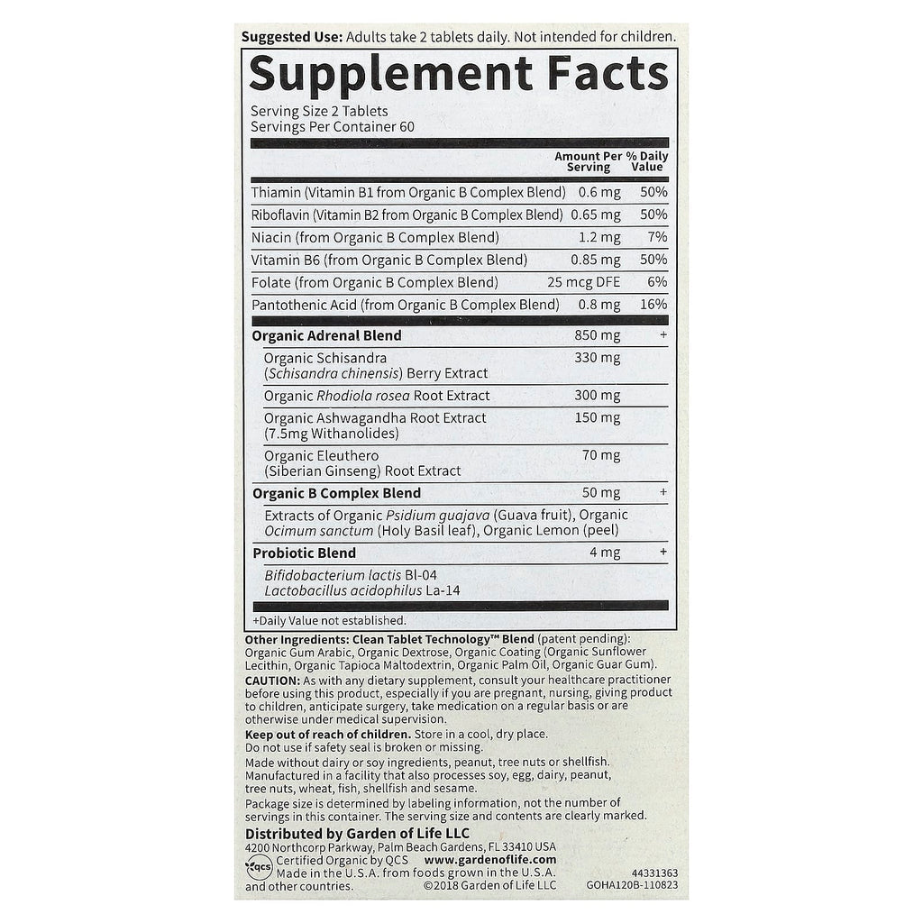 Garden of Life, Organics, Adrenal, Daily Balance, 120 Vegan Tablets
