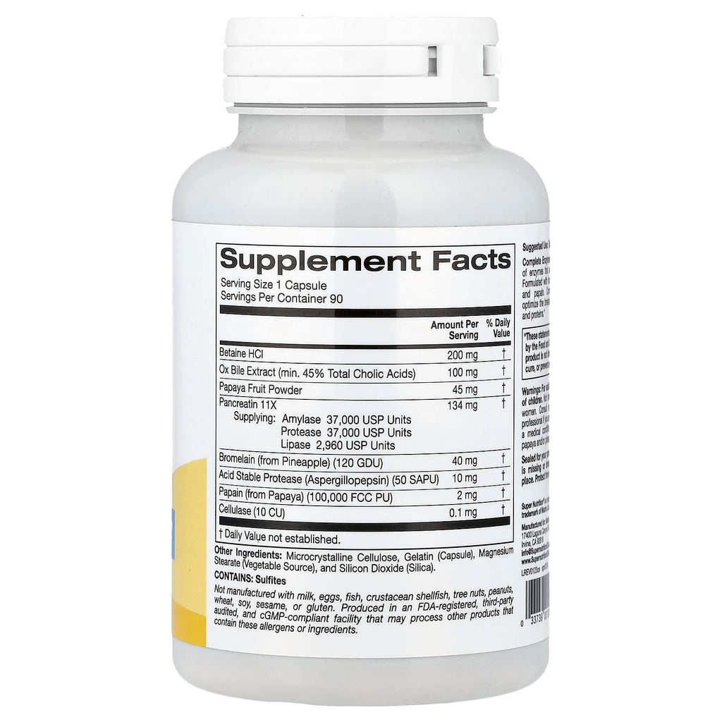 Super Nutrition, SimplyOne®, Complete Enzymes with Betaine HCl, Ox Bile Extract, Full-Spectrum Enzymes, and Bromelain, 90 Capsules