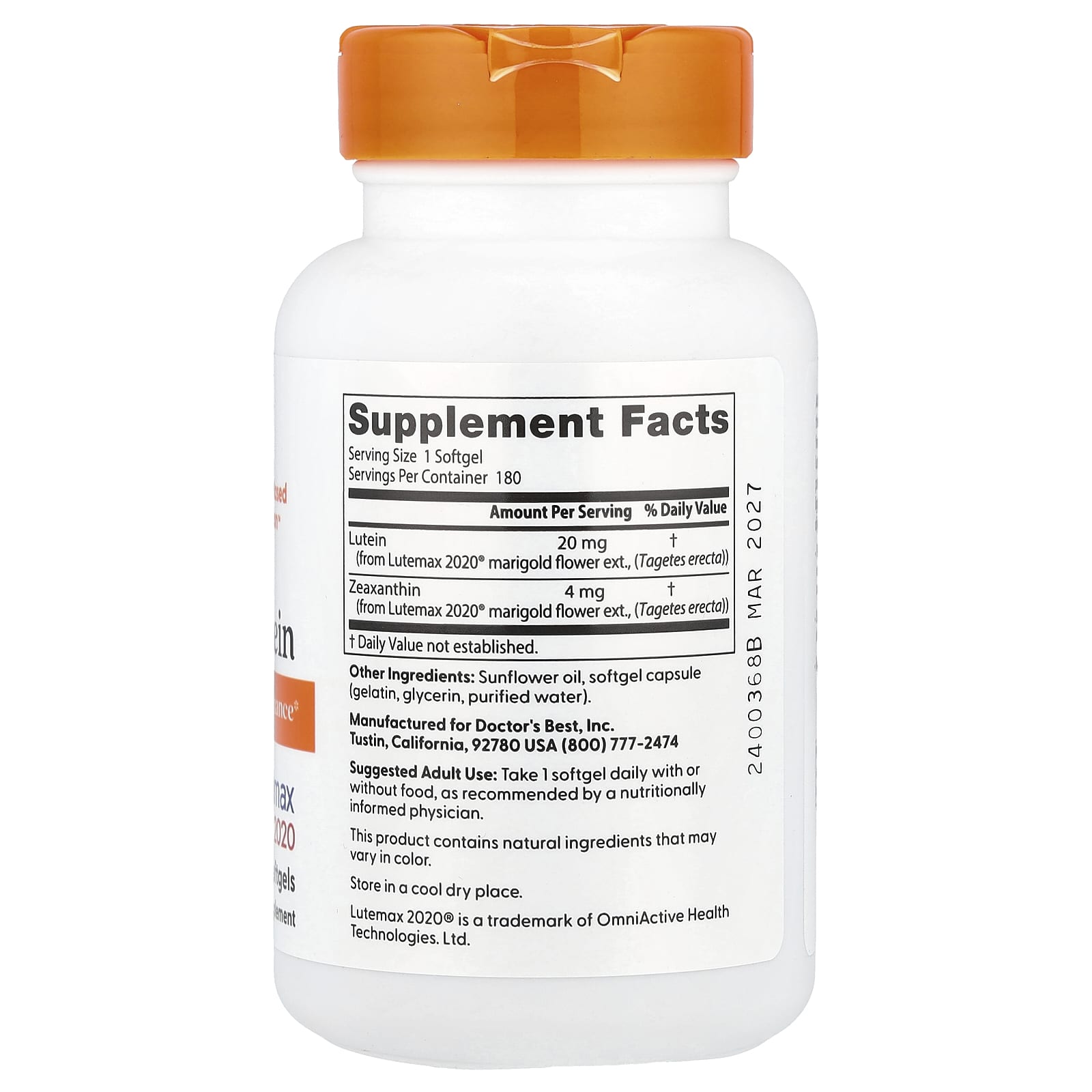 Doctor's Best, Lutein, Lutemax 2020, 20 mg, 180 Softgels