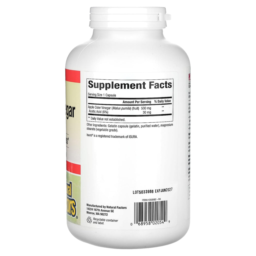 Natural Factors, Fermented Apple Cider Vinegar, 500 mg, 360 Easy-to -Swallow Capsules