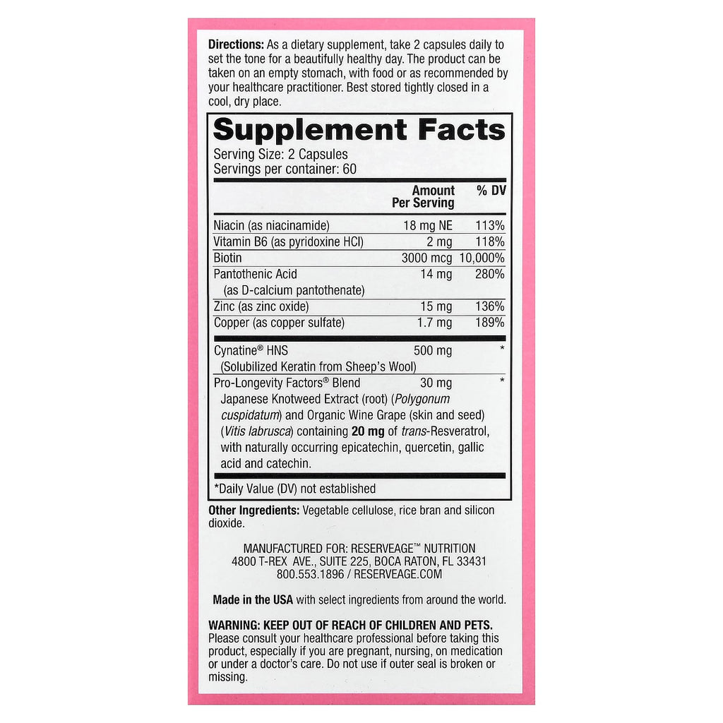 Reserveage Beauty, Keratin Hair Booster with Biotin & Resveratrol, 120 Capsules