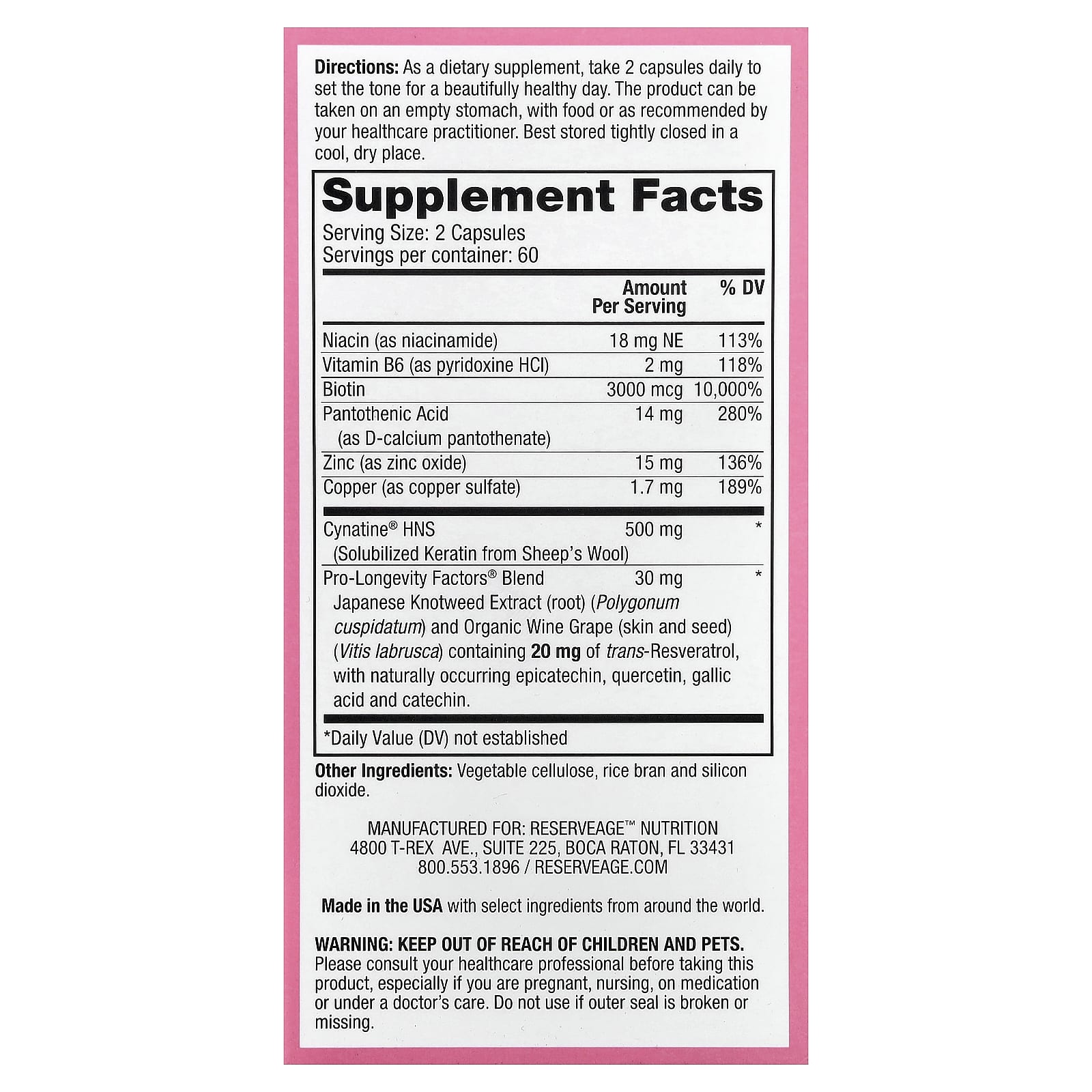 Reserveage Beauty, Keratin Hair Booster with Biotin & Resveratrol, 120 Capsules