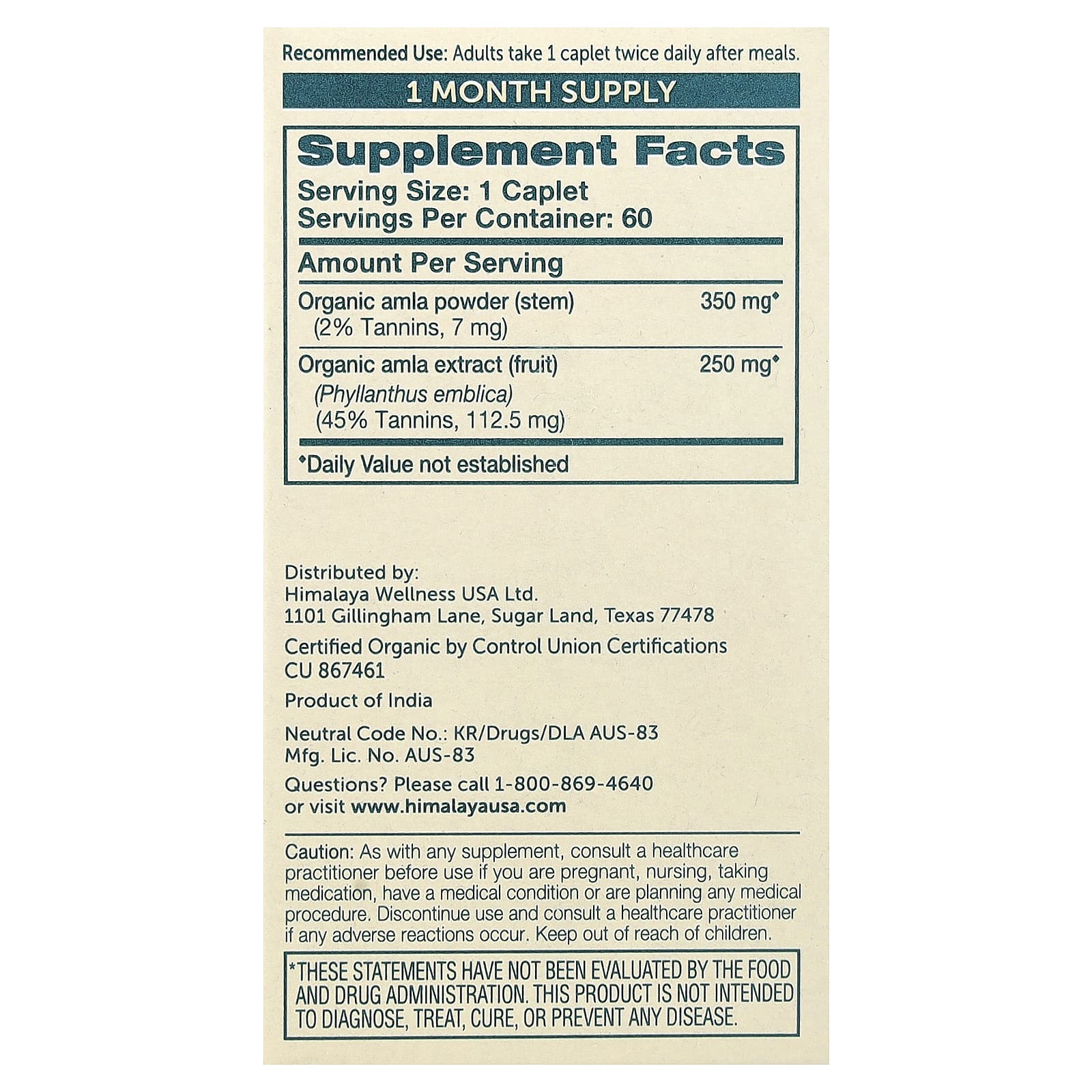 Himalaya, Organic Amla, 60 Caplets