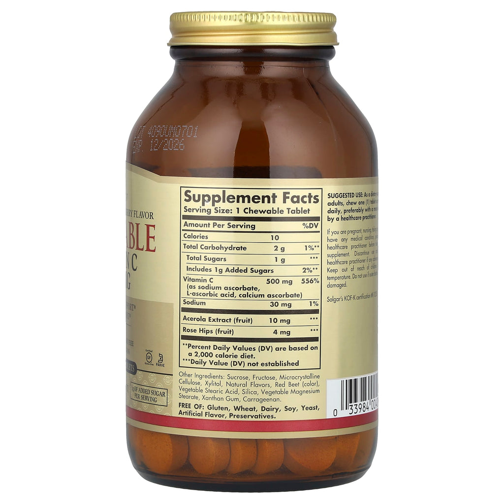 Solgar, Chewable Vitamin C, Natural Cran-Raspberry, 500 mg, 90 Chewable Tablets