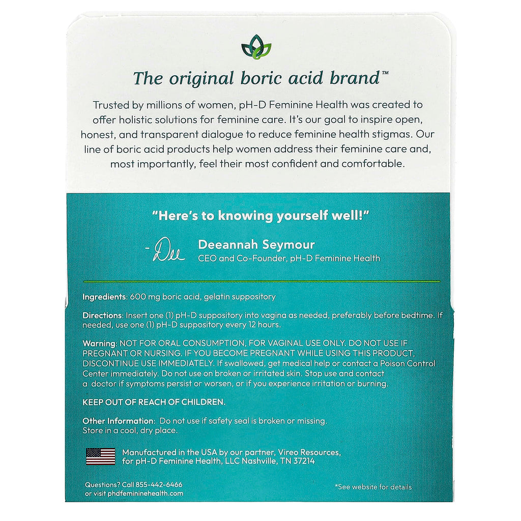 pH-D Feminine Health, Boric Acid Vaginal Suppositories, 600 mg, 24 Count