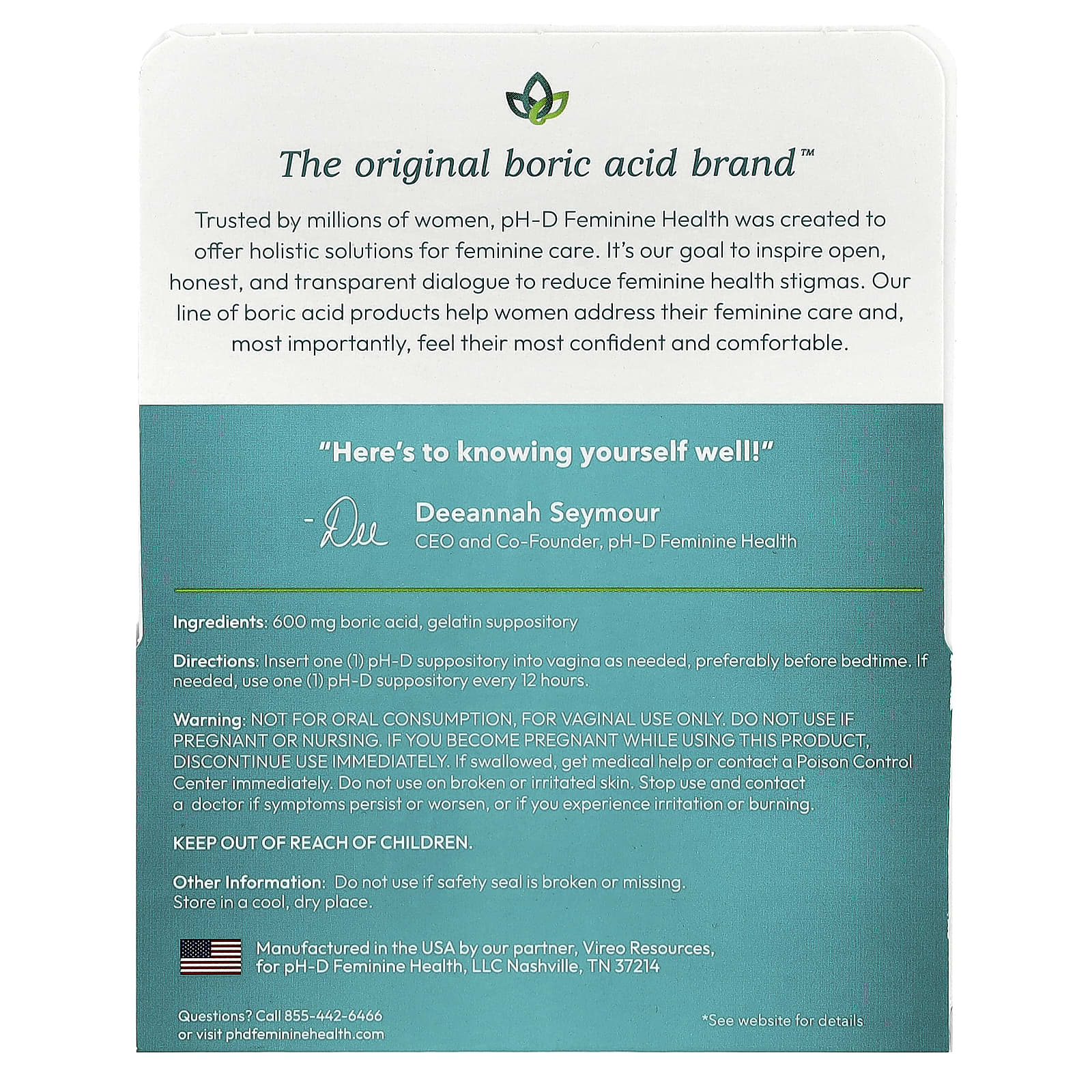 pH-D Feminine Health, Boric Acid Vaginal Suppositories, 600 mg, 24 Count
