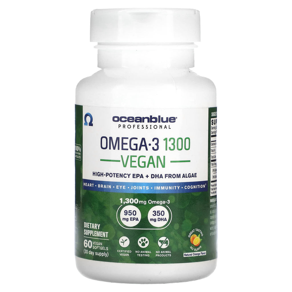 OceanBlue, Professional, Vegan Omega-3 1300, High-Potency, Natural Orange, 60 Vegan Softgels (650 mg per Softgel)