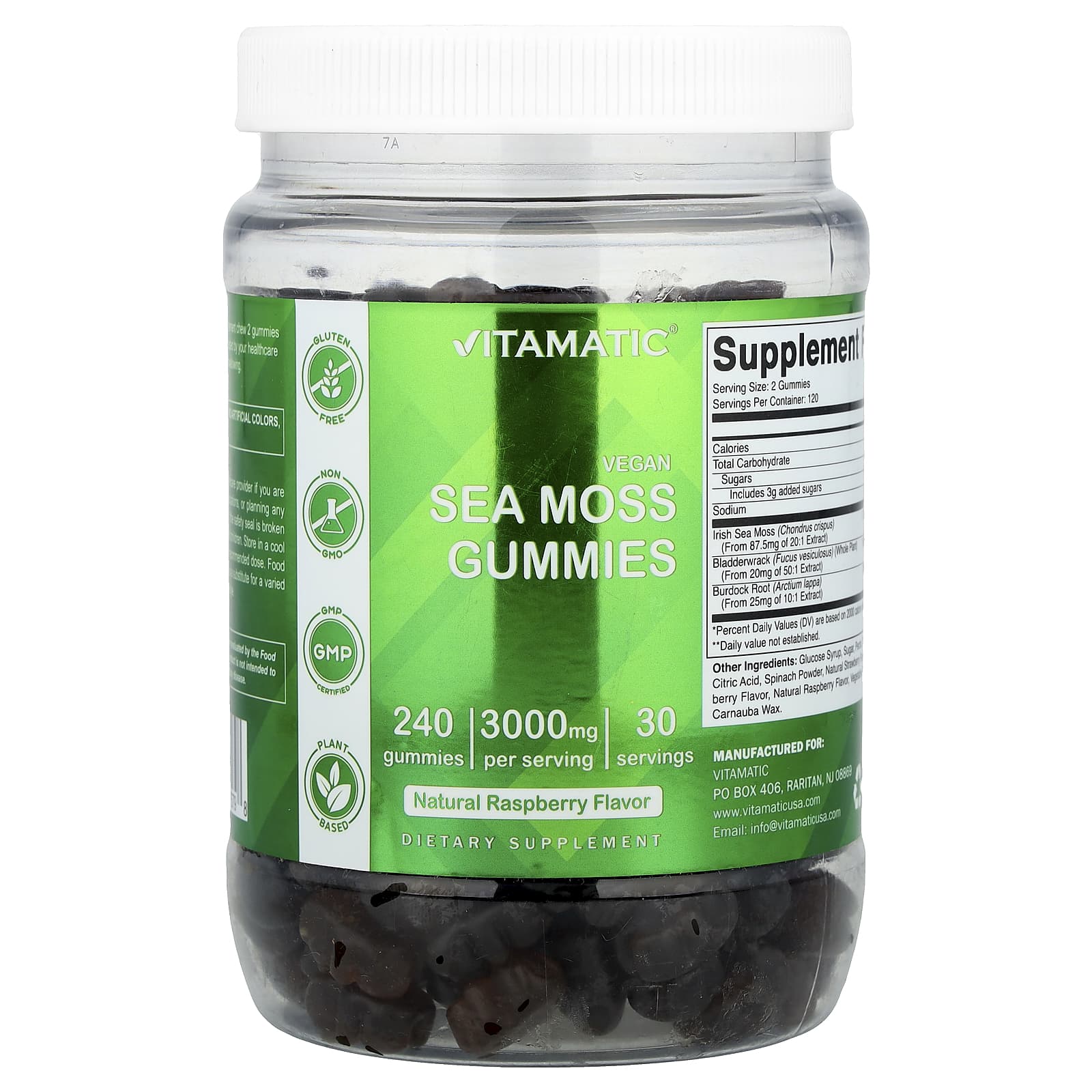 Vitamatic, Vegan Sea Moss Gummies, Natural Raspberry, 240 Gummies