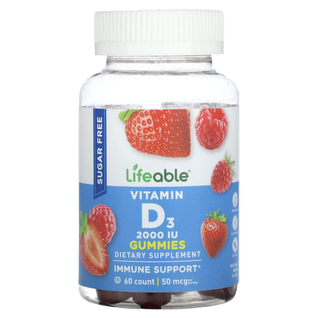 Lifeable, Vitamin D3 Gummies, Sugar Free, Natural Berry, 60 Gummies (25 mcg (1,000 IU) per Gummy)