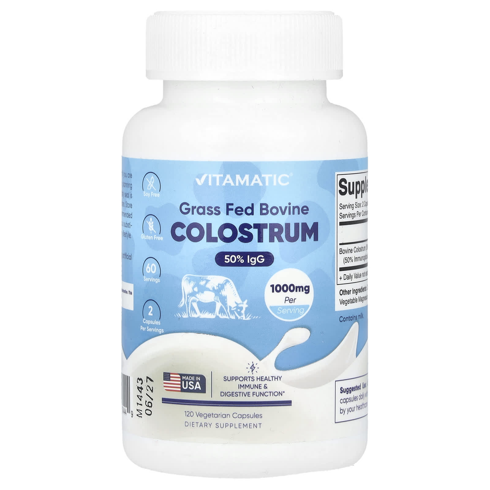 Vitamatic, Grass Fed Bovine Colostrum, 120 Vegetarian Capsules (500 mg per Capsule)