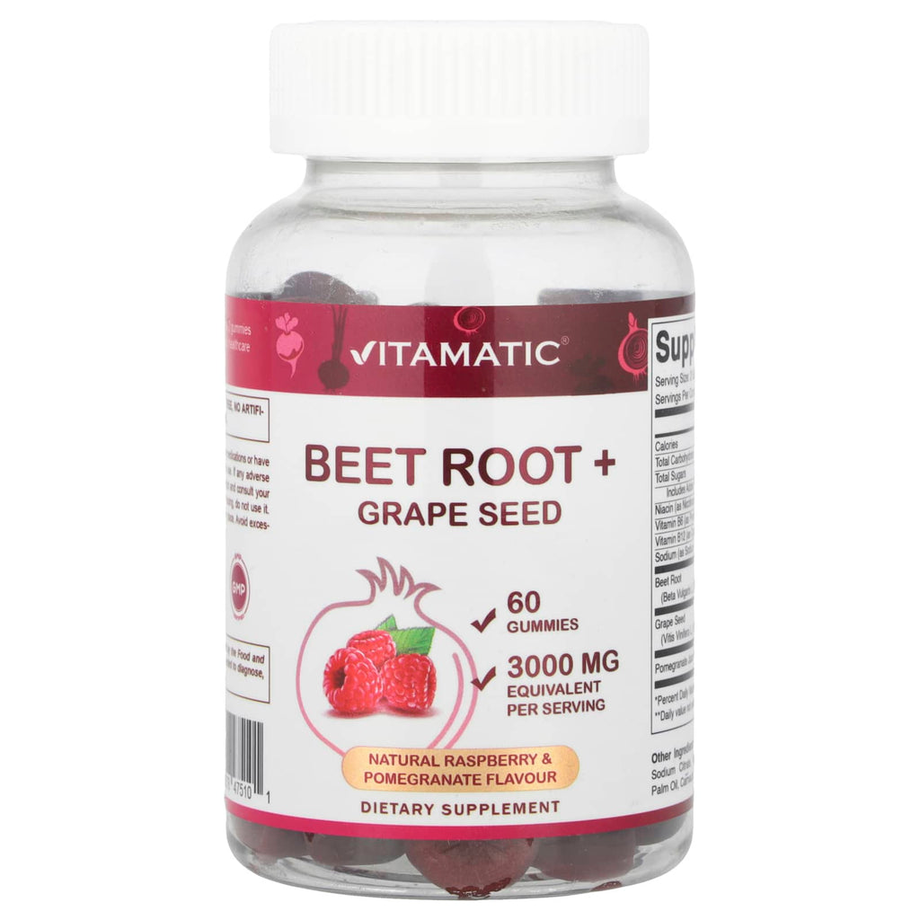 Vitamatic, Beet Root + Grape Seed Gummies, Natural Raspberry & Pomegranate, 60 Gummies