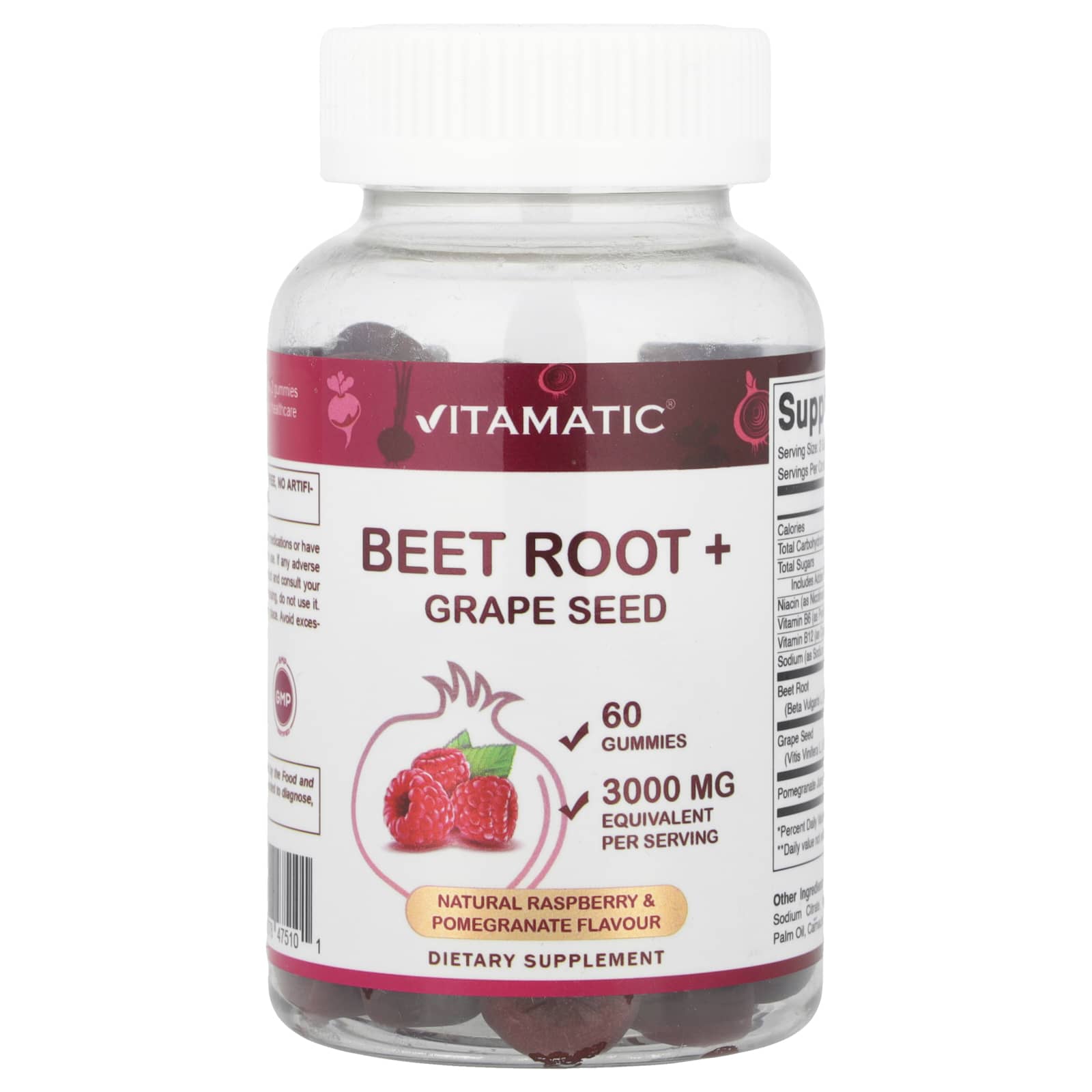 Vitamatic, Beet Root + Grape Seed Gummies, Natural Raspberry & Pomegranate, 60 Gummies