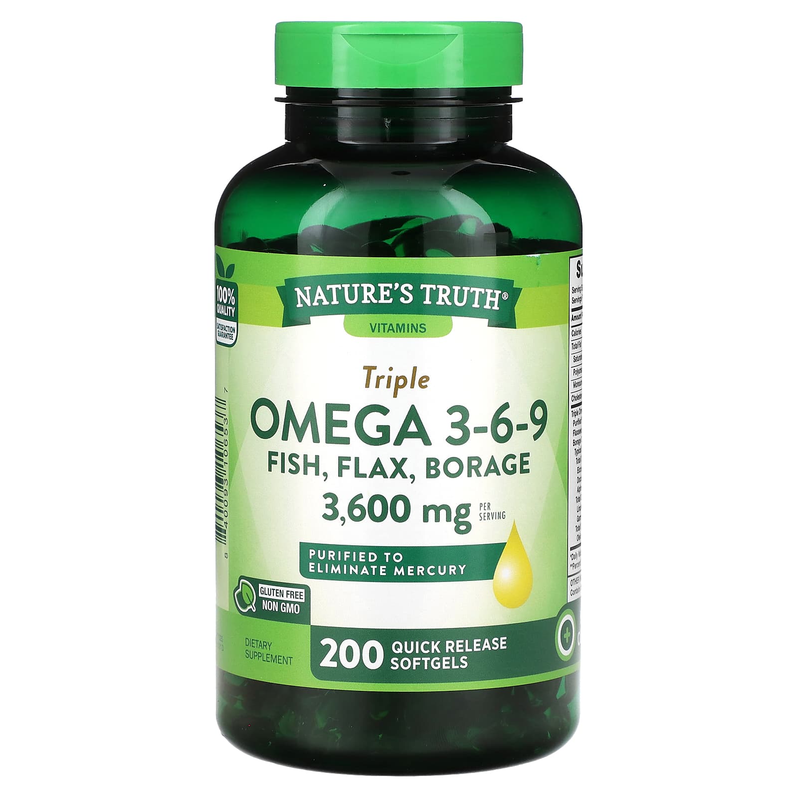Nature's Truth, Vitamins, Triple Omega 3-6-9, Fish, Flax, Borage, 200 Quick Release Softgels