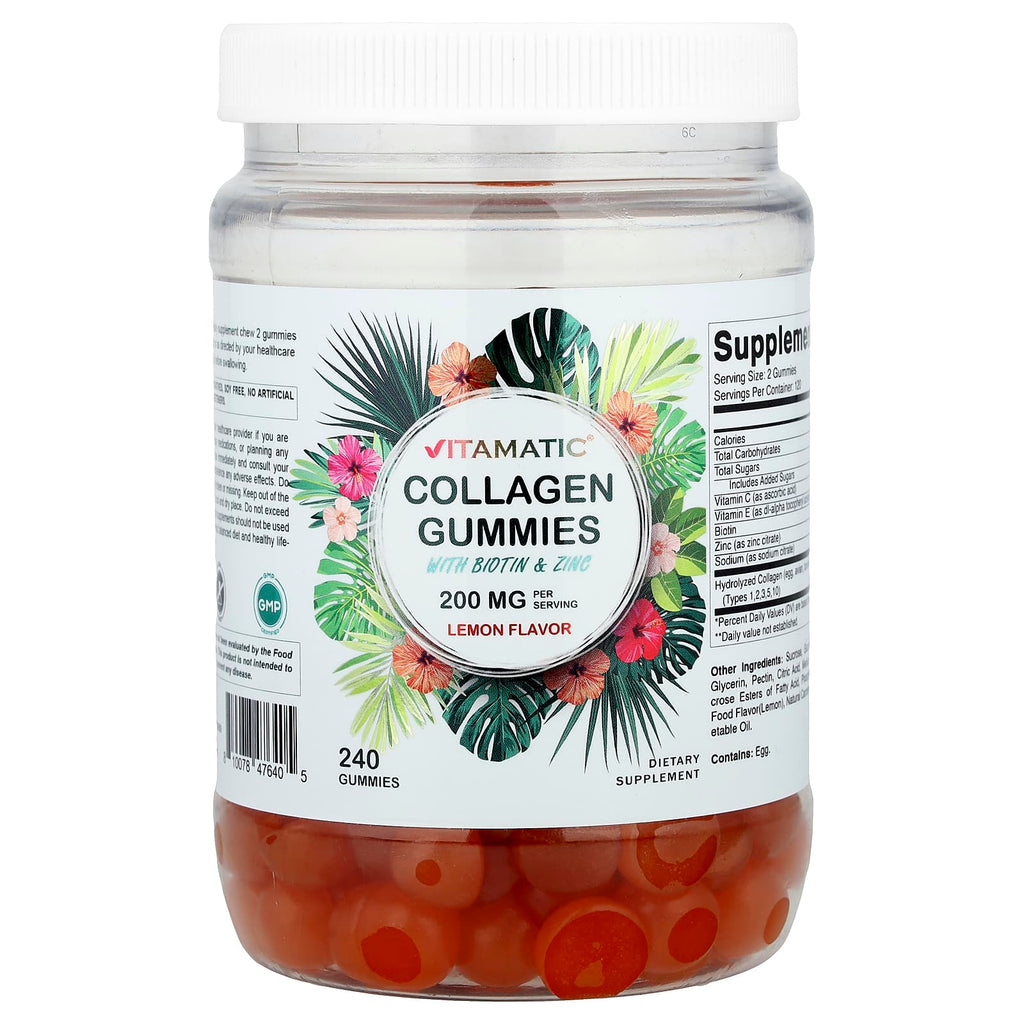 Vitamatic, Collagen Gummies with Biotin & Zinc, Lemon, 240 Gummies