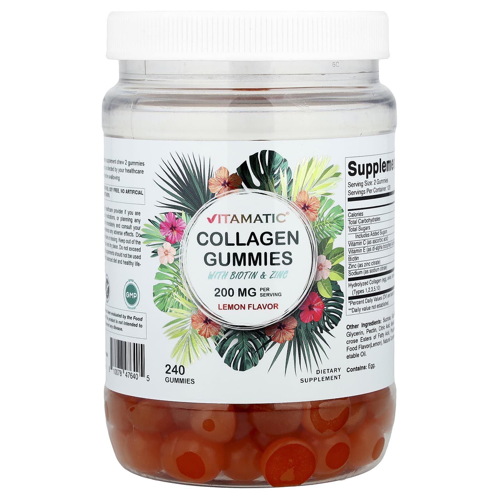 Vitamatic, Collagen Gummies with Biotin & Zinc, Lemon, 240 Gummies