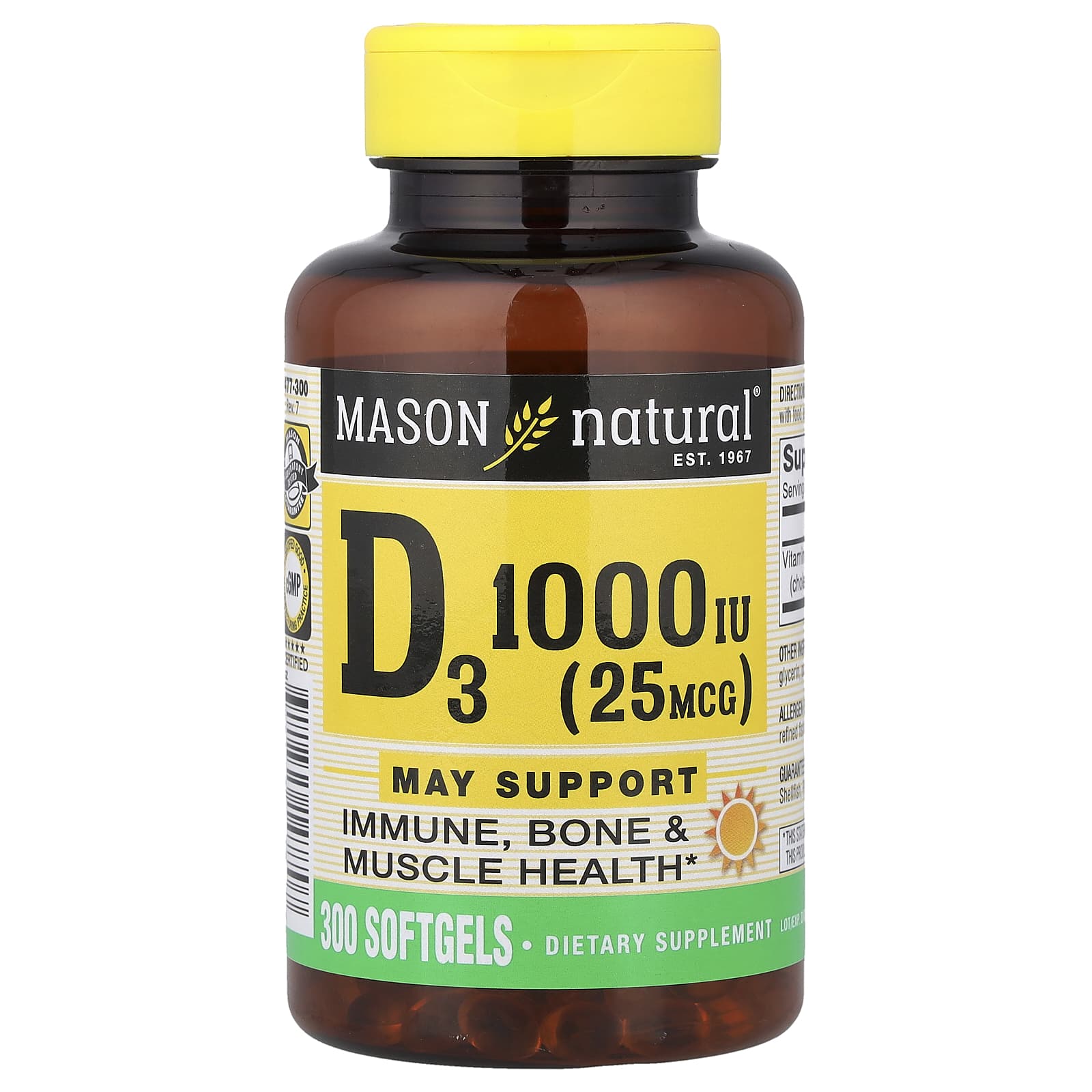 Mason Natural, Vitamin D3, 25 mcg (1,000 IU), 300 Softgels