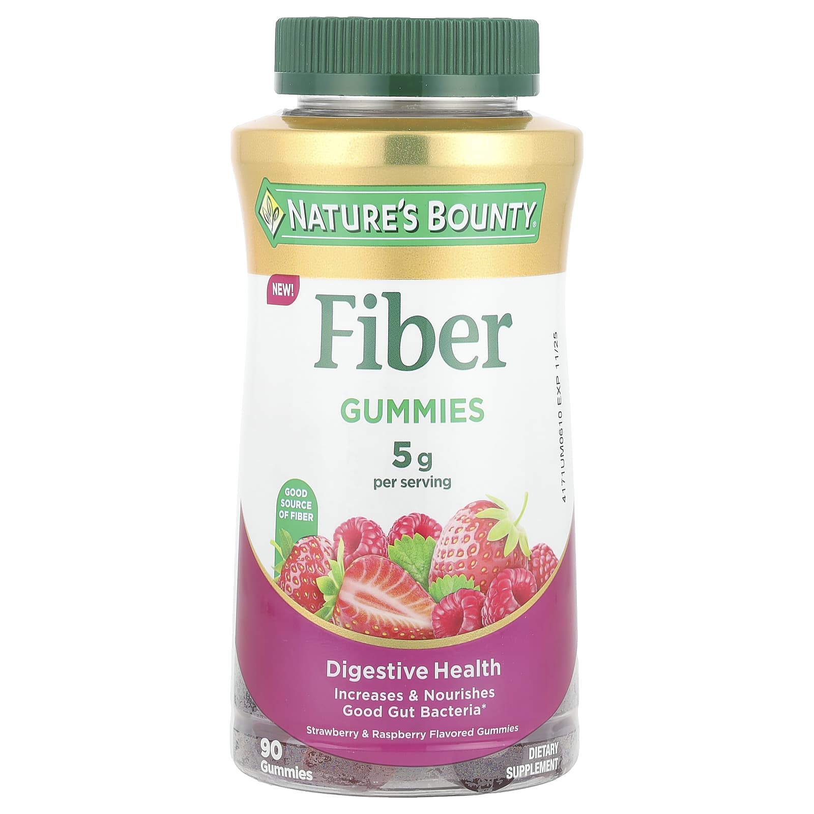 Nature's Bounty, Fiber Gummies, Strawberry & Raspberry, 90 Gummies