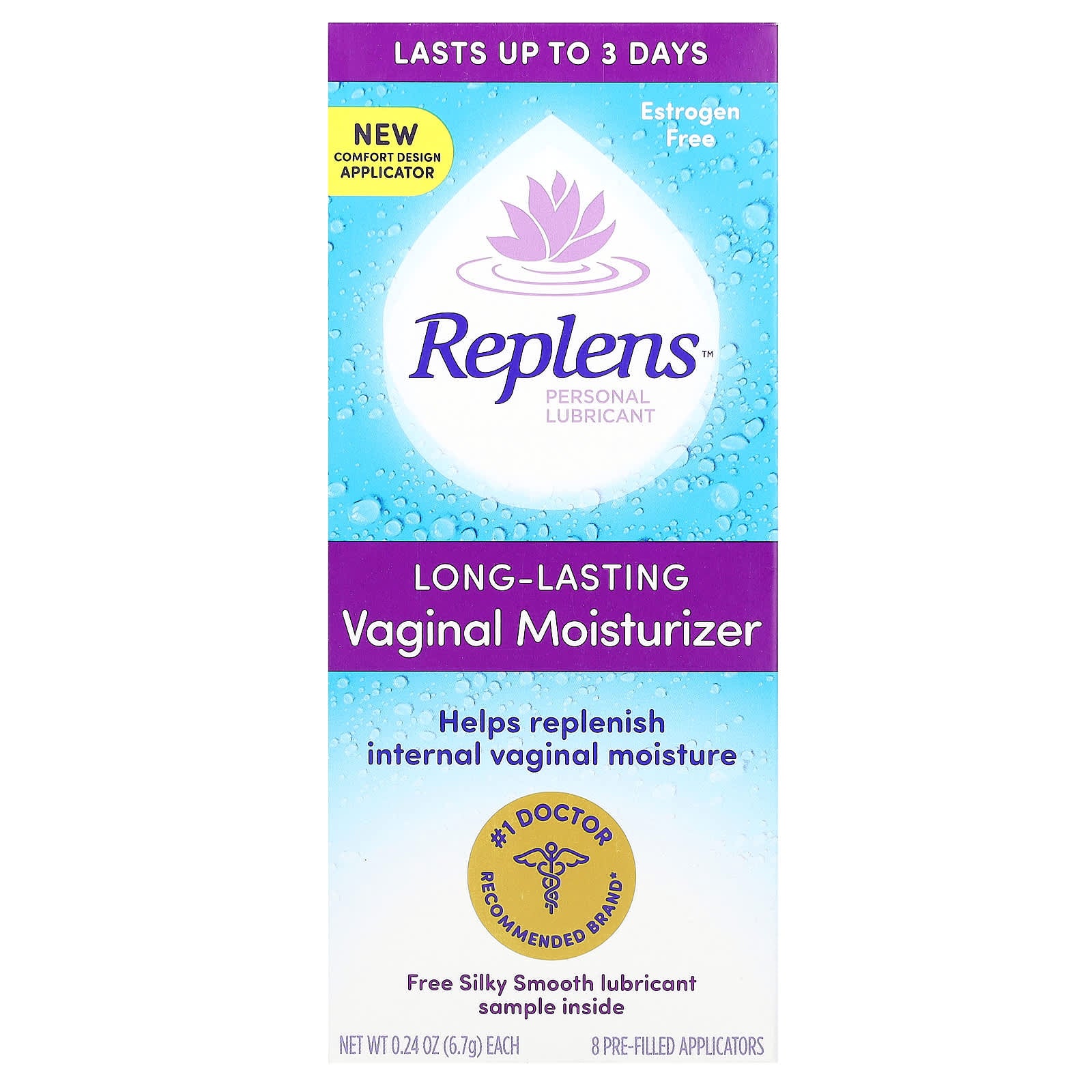Replens, Personal Lubricant, Long-Lasting Vaginal Moisturizer, 8 Pre-Filled Applicators, 0.24 oz (6.7 g) Each