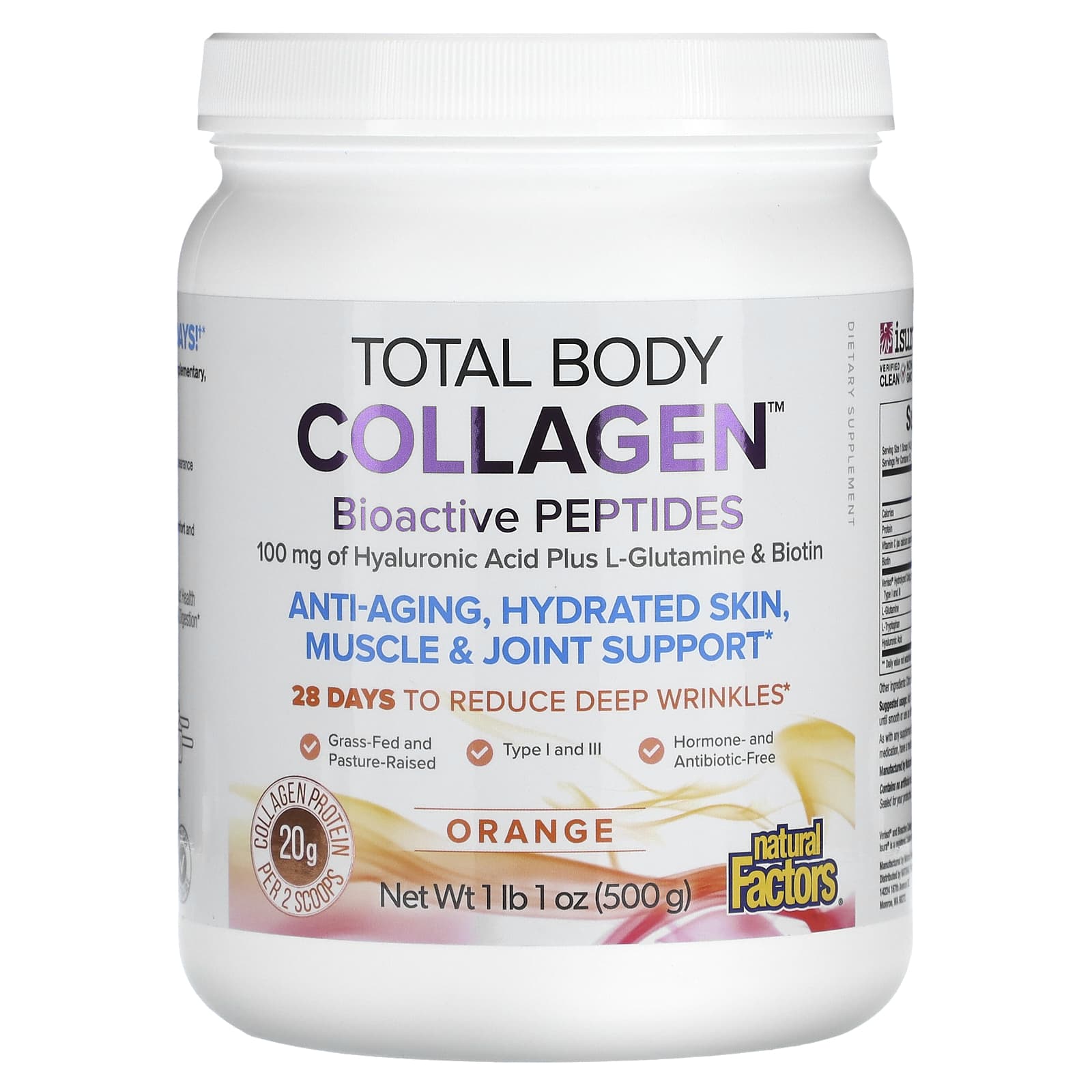 Natural Factors, Total Body Collagen, Bioactive Peptides, Orange, 1 lb 1 oz (500 g)