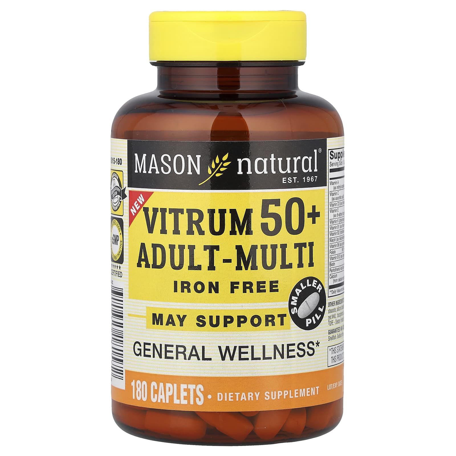 Mason Natural, Vitrum 50+ Adult-Multi, Iron Free, 180 Caplets