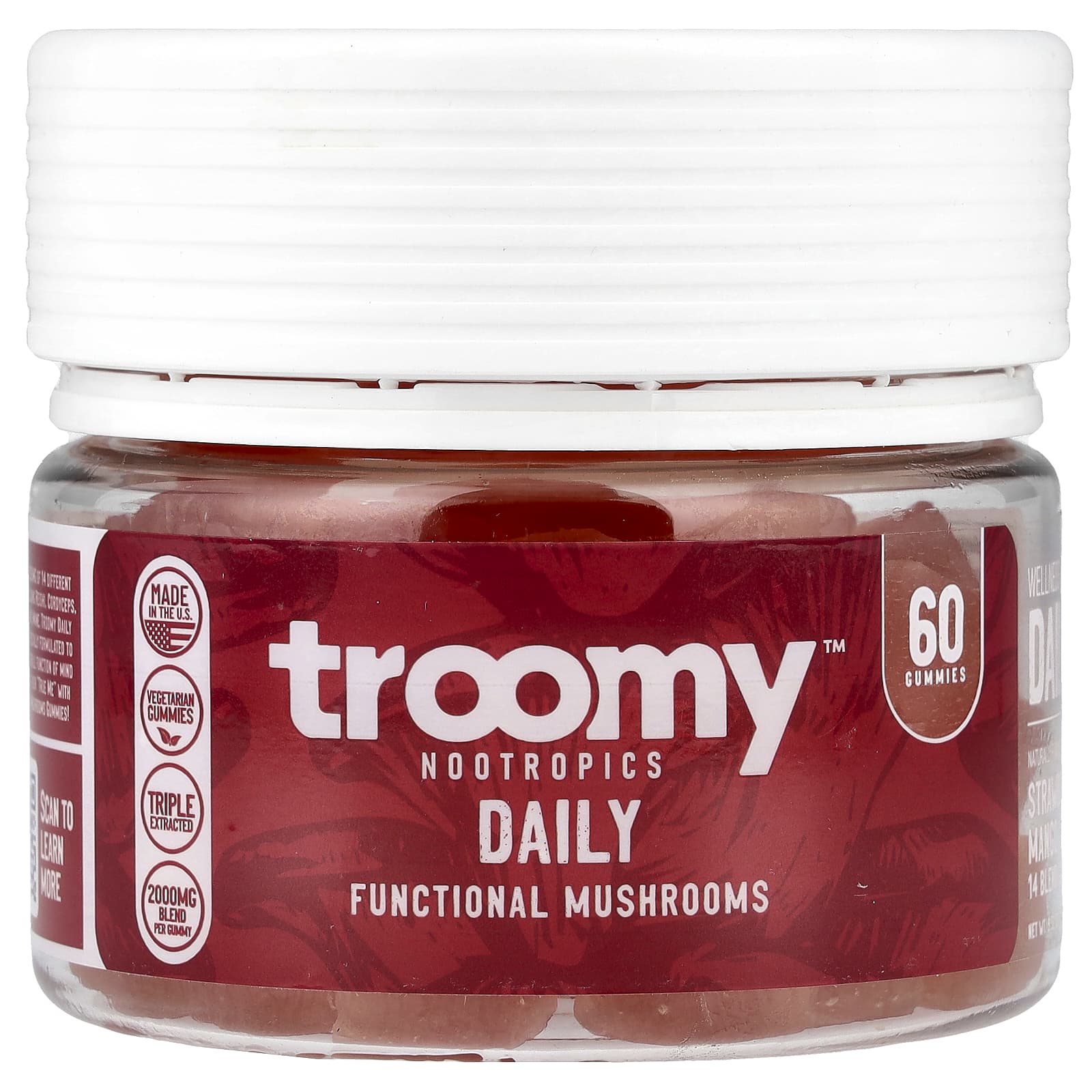 Troomy Nootropics, Daily, Functional Mushrooms Gummies, Strawberry Mango, 60 Gummies