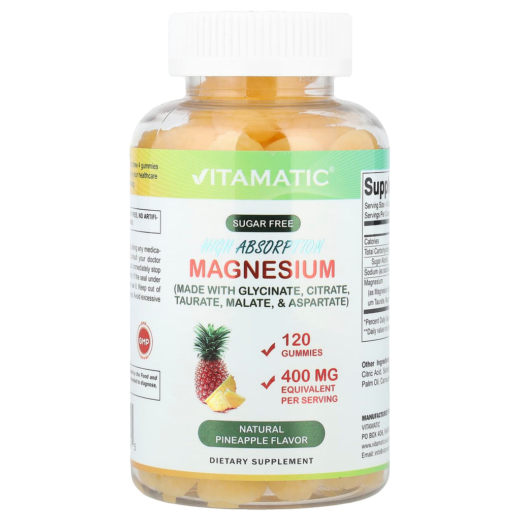 Vitamatic, Magnesium Gummies, High Absorption, Natural Pineapple, 120 Gummies (100 mg per Gummy)