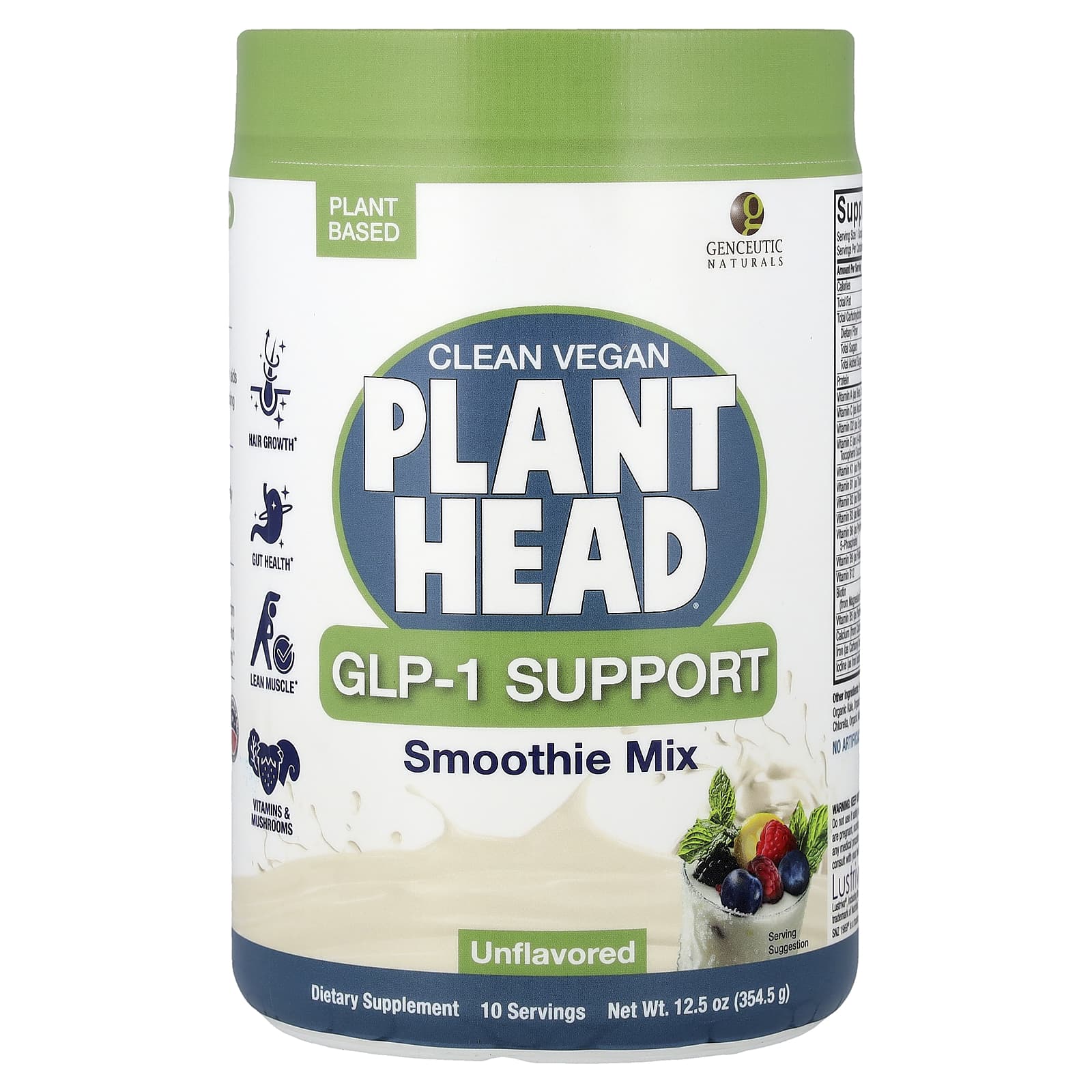 Genceutic Naturals, Clean Vegan Plant Head®, GLP-1 Support, Smoothie Mix, Unflavored, 12.5 oz (354.5 g)