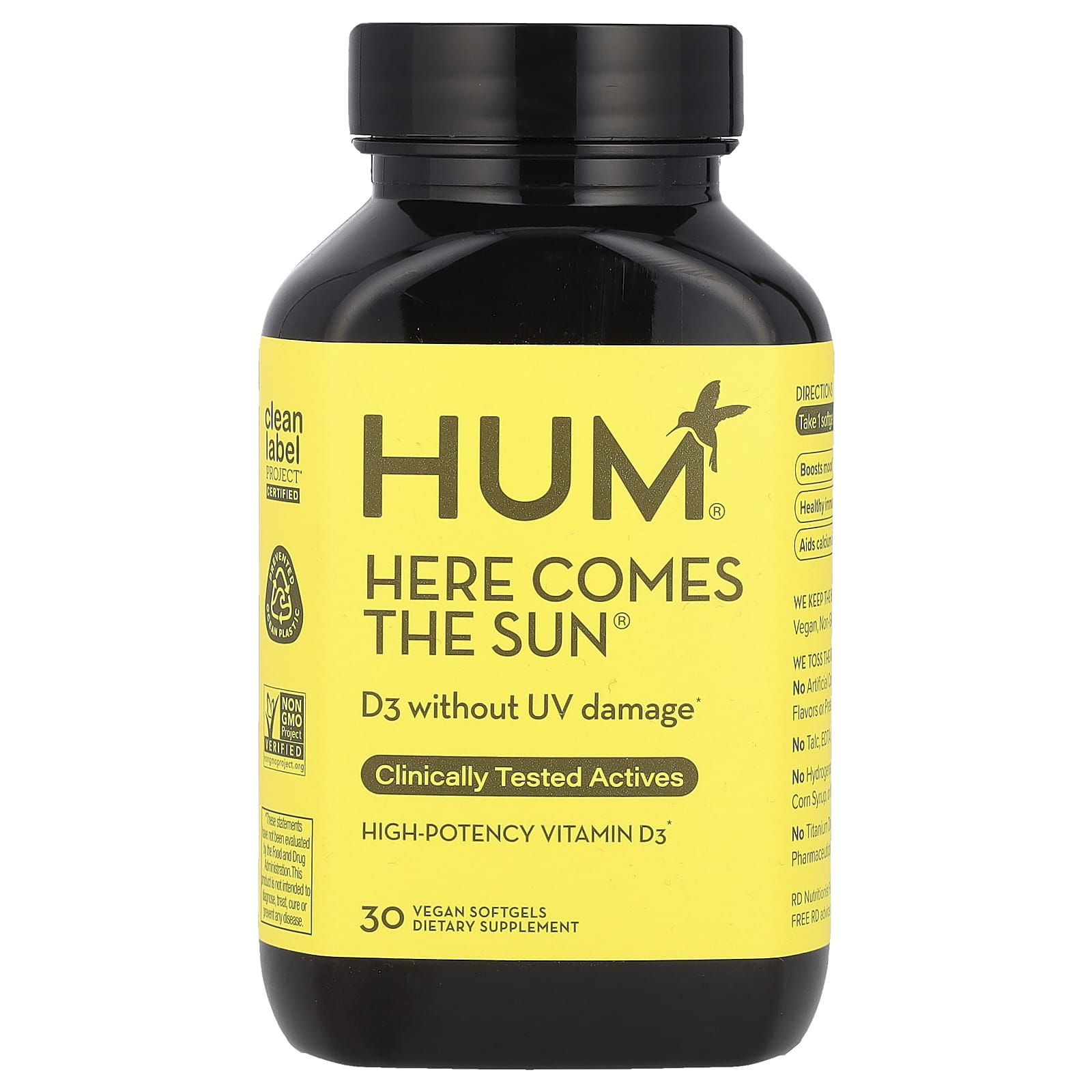 HUM Nutrition, Here Comes The Sun®, High-Potency Vitamin D3, 30 Vegan Softgels (50 mcg per Softgel)