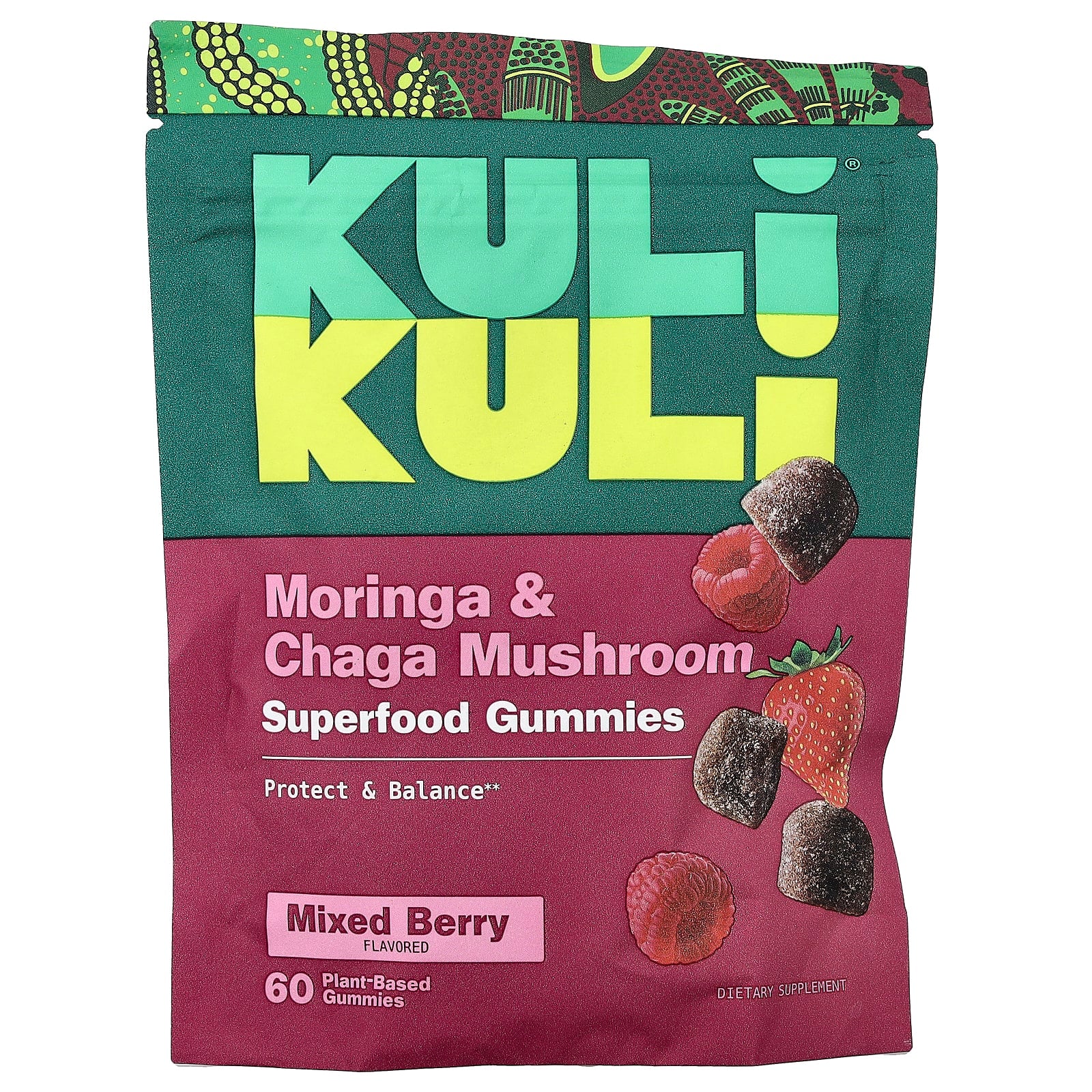 Kuli Kuli, Superfood Gummies, Moringa & Chaga Mushroom, Mixed Berry, 60 Plant-Based Gummies