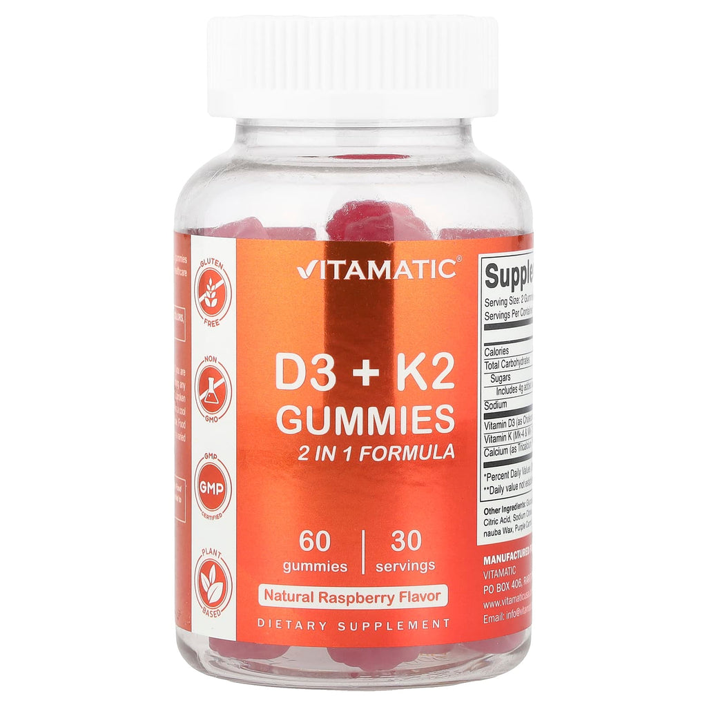 Vitamatic, D3 + K2 Gummies, Natural Raspberry, 60 Gummies