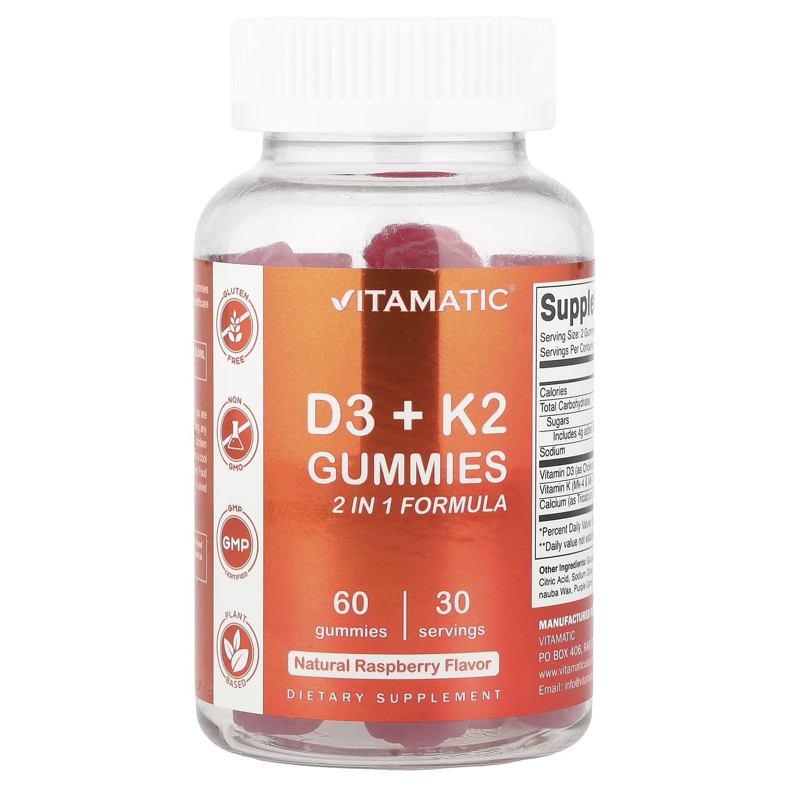 Vitamatic, D3 + K2 Gummies, Natural Raspberry, 60 Gummies