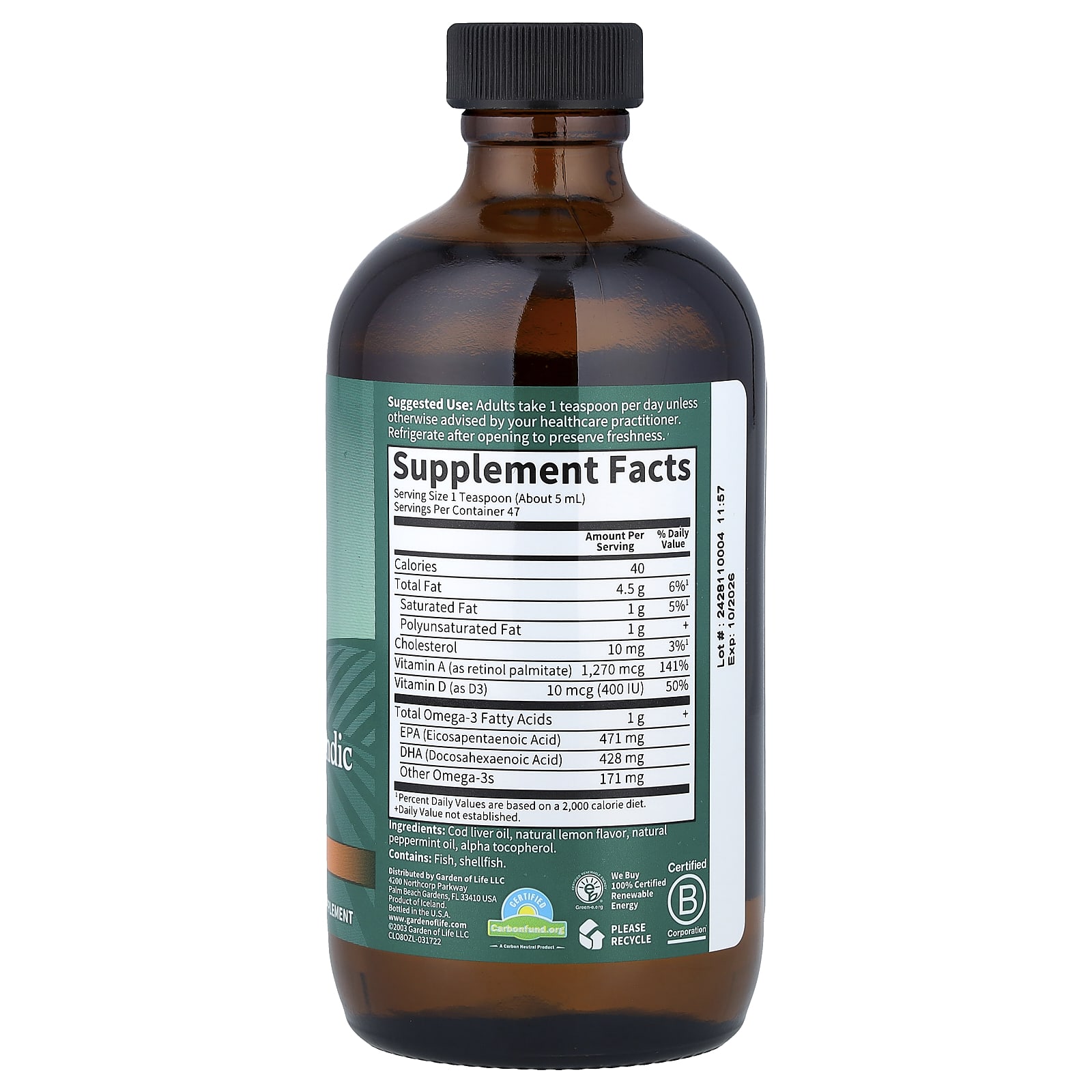 Garden of Life, Olde World® Icelandic Cod Liver Oil, Lemon Mint, 8 fl oz (236 ml)