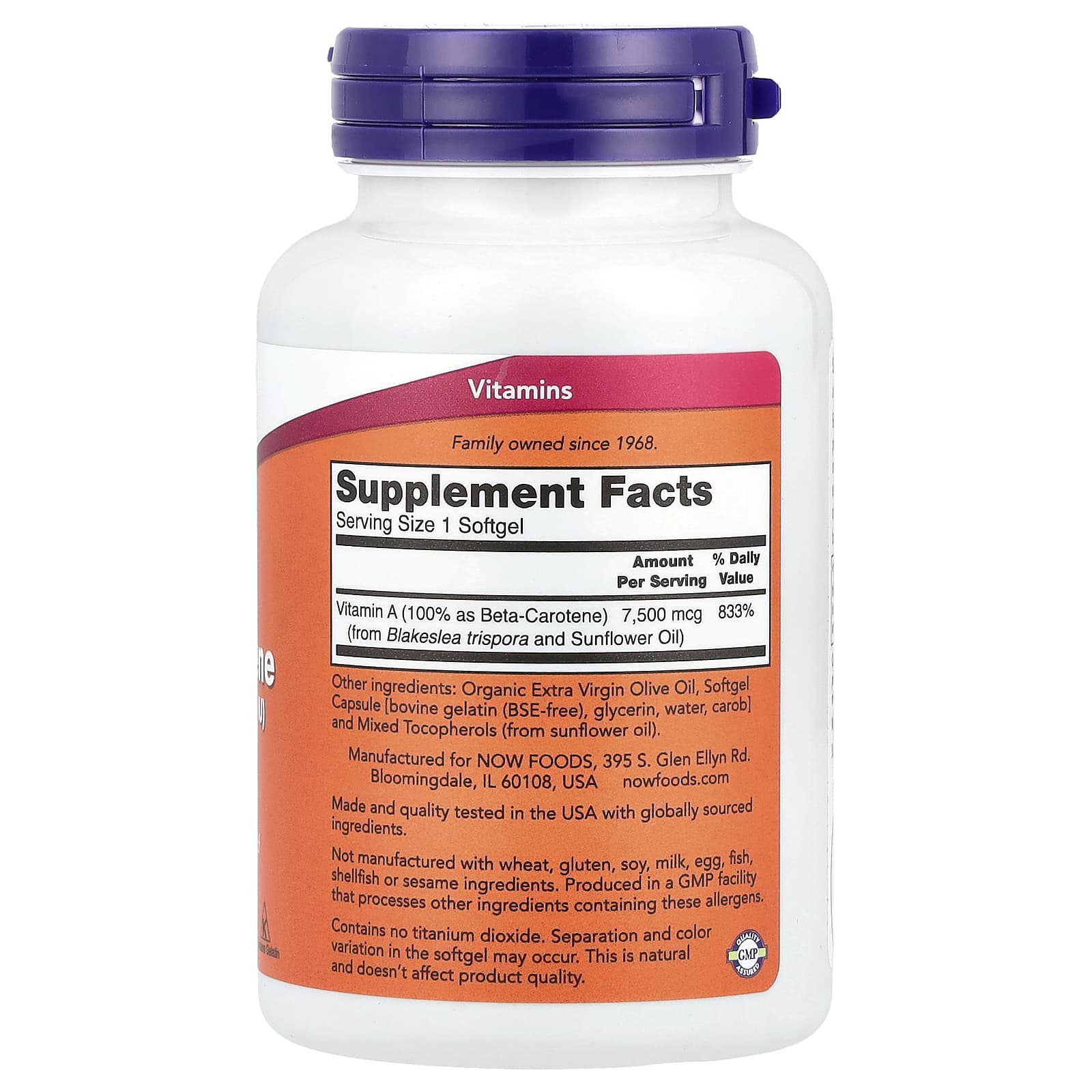 NOW Foods, Natural Beta Carotene, 7,500 mcg (25,000 IU), 180 Softgels