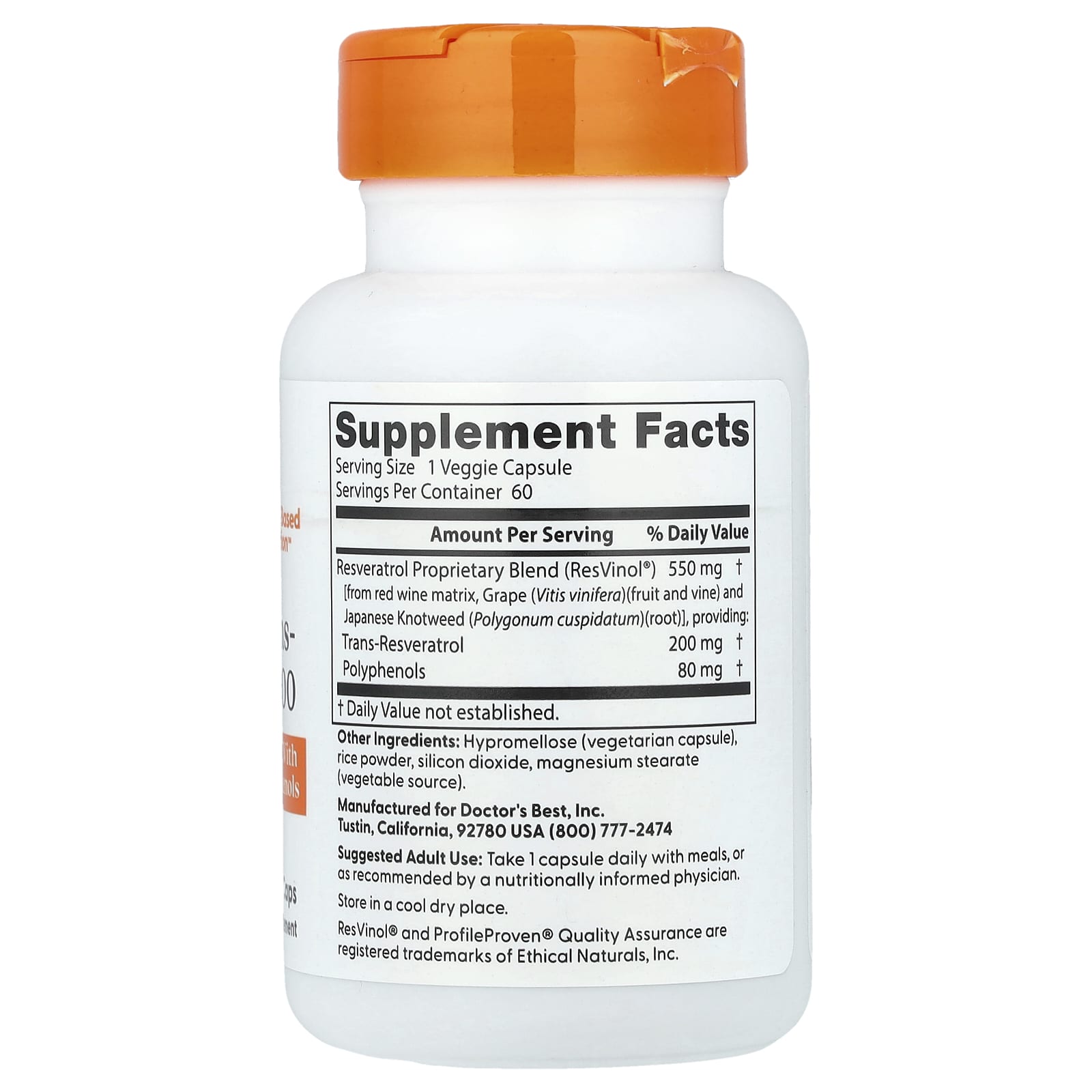 Doctor's Best, Trans-Resveratrol 200 , 200 mg, 60 Veggie Caps