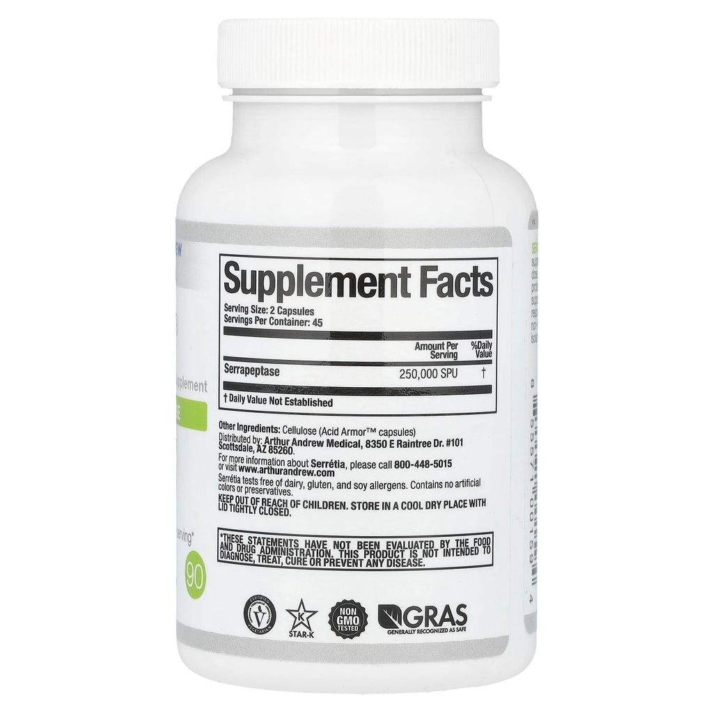 Arthur Andrew Medical, Serretia®, Pure Serrapeptase, 90 Capsules (125,000 SPU per Capsule)