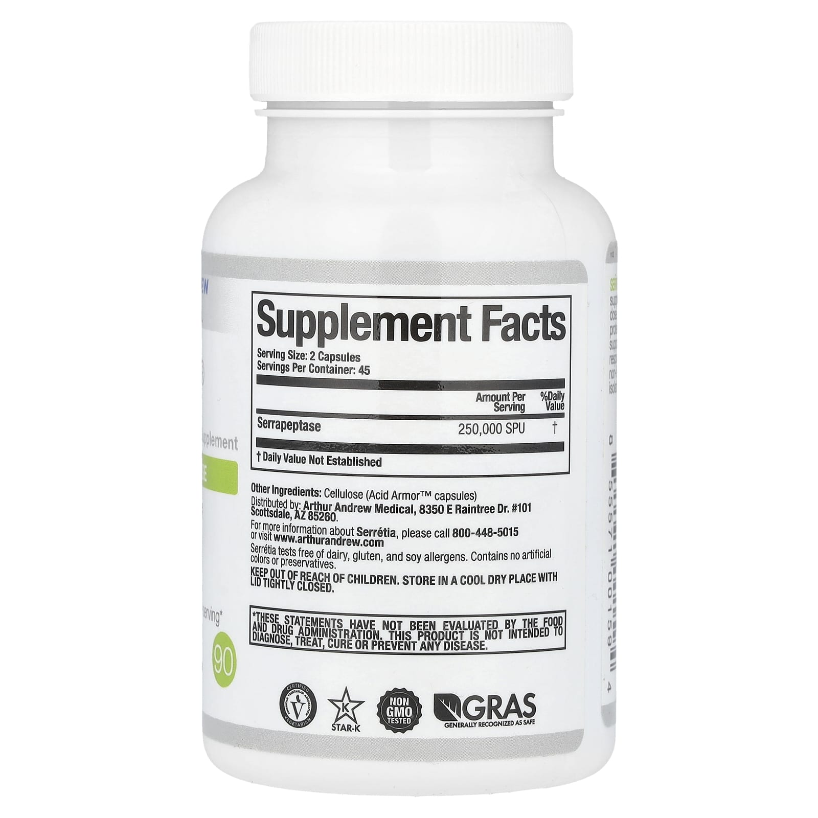 Arthur Andrew Medical, Serretia®, Pure Serrapeptase, 90 Capsules (125,000 SPU per Capsule)