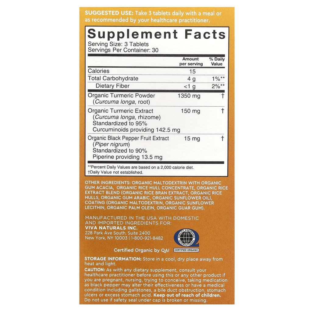 Viva Naturals, Organic Turmeric Curcumin with Black Pepper, 90 Tablets