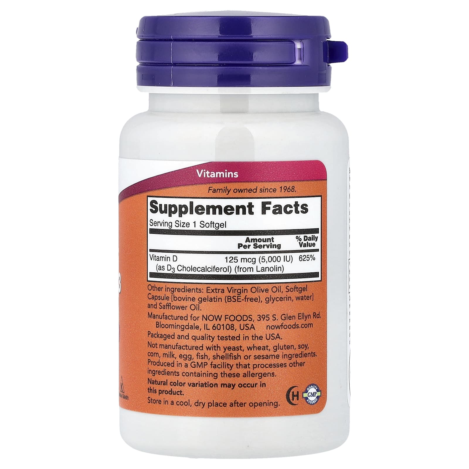 NOW Foods, Vitamin D-3, High Potency, 125 mcg (5,000 IU), 120 Softgels