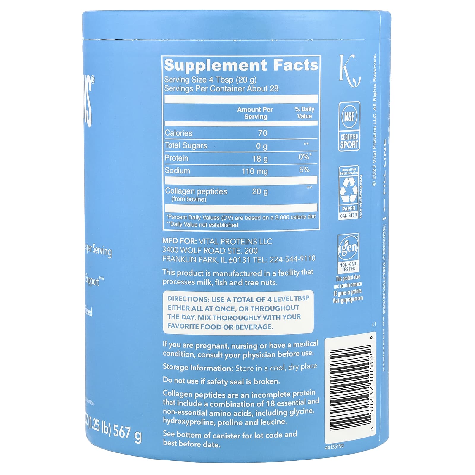 Vital Proteins, Collagen Peptides, Unflavored, 20 oz (567 g)