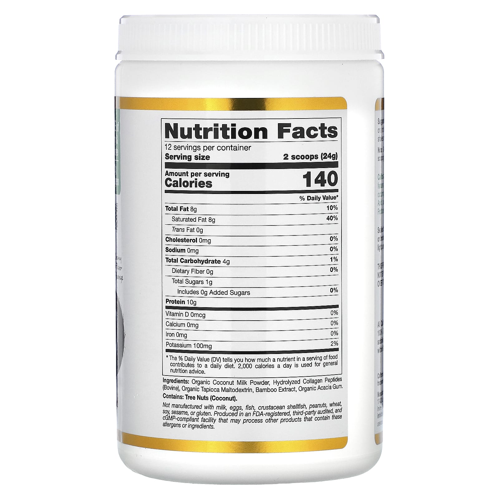 California Gold Nutrition, Superfoods, Collagen Coconut Creamer with Organic Coconut Milk Powder, Hydrolyzed Collagen Peptides, Organic Tapioca Maltodextrin, and Bamboo Extract, Unsweetened, 10.2 oz (288 g)