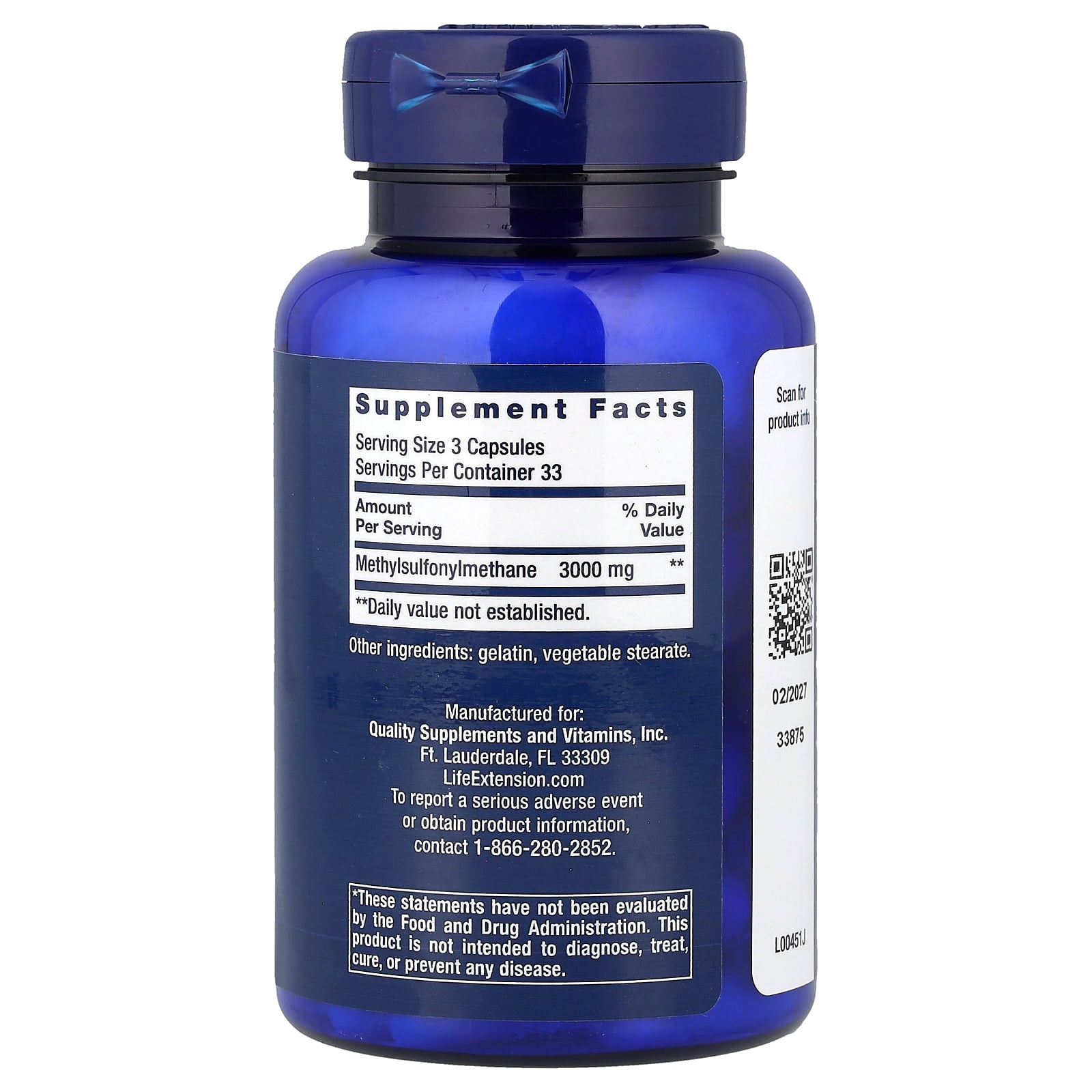 Life Extension, MSM, 100 Capsules (1,000 mg per Capsule)
