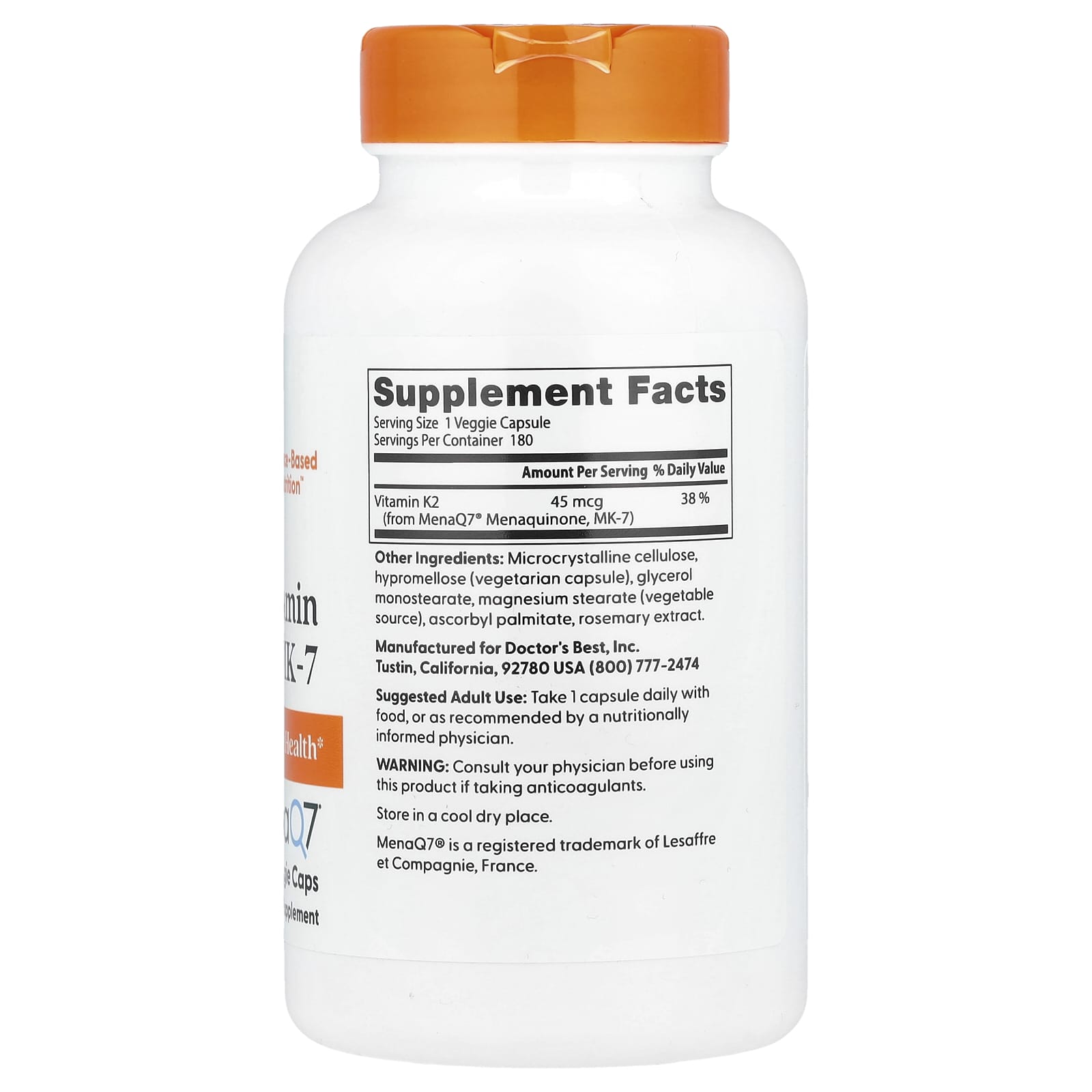 Doctor's Best, Natural Vitamin K2 MK-7 , 45 mcg, 180 Veggie Caps