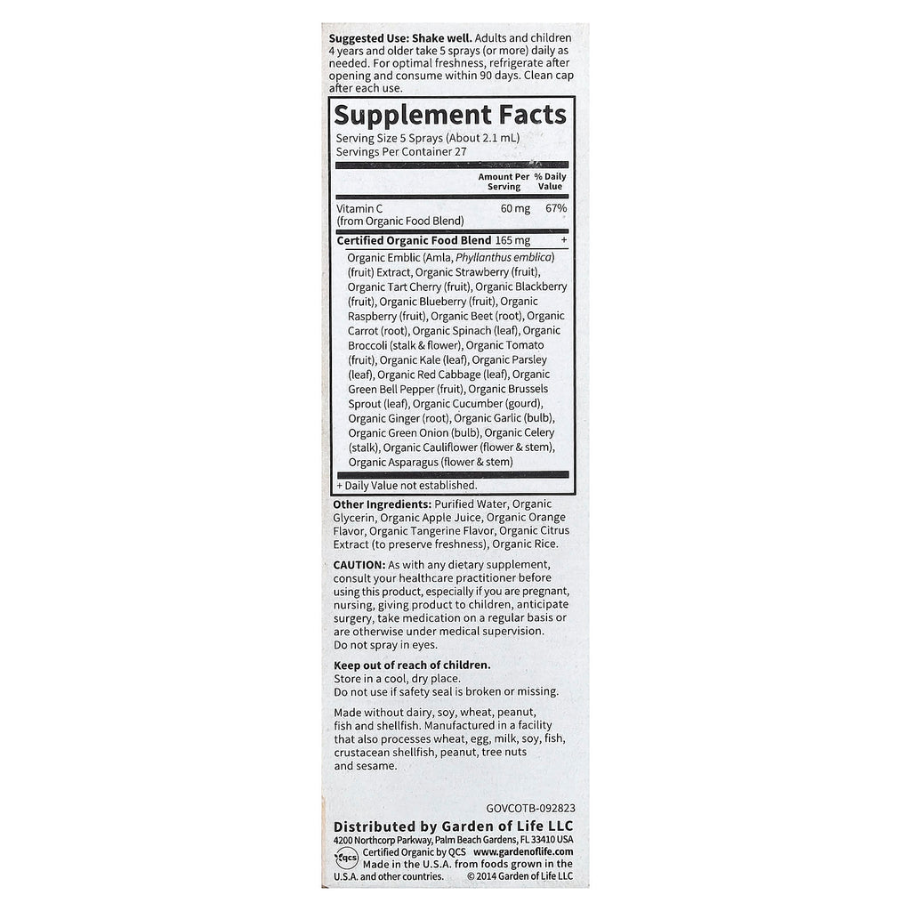 Garden of Life, Organics, Vitamin C Organic Spray, Orange-Tangerine, 2 fl oz (58 ml)