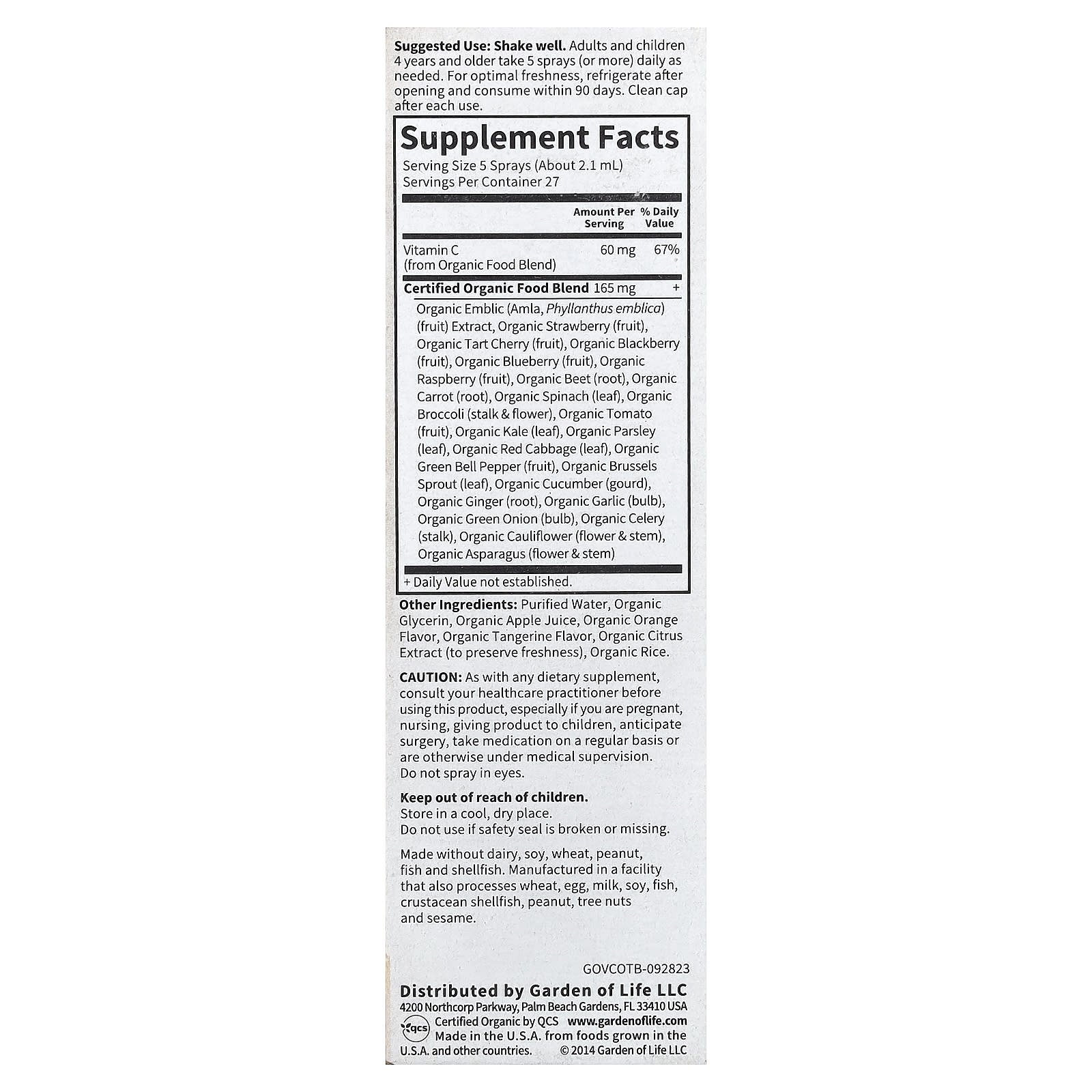 Garden of Life, Organics, Vitamin C Organic Spray, Orange-Tangerine, 2 fl oz (58 ml)