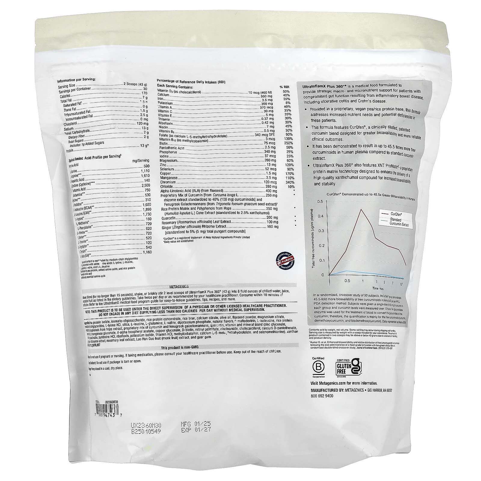 Metagenics, UltralnflamX Plus 360°®, Medical Food, Tropical Mango, 45.5 oz (1,290 g)