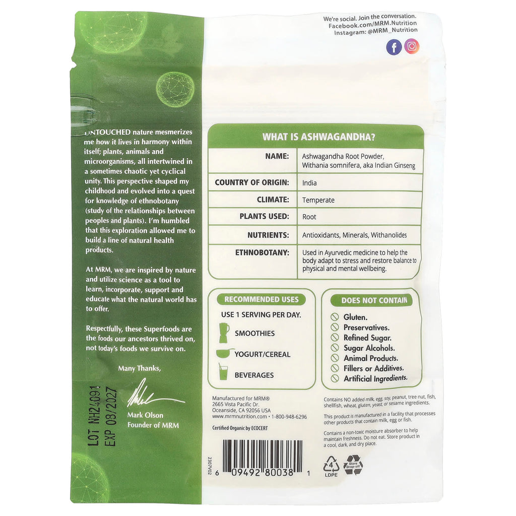 MRM Nutrition, Organic Ashwagandha Root Powder, 4 oz (113 g)