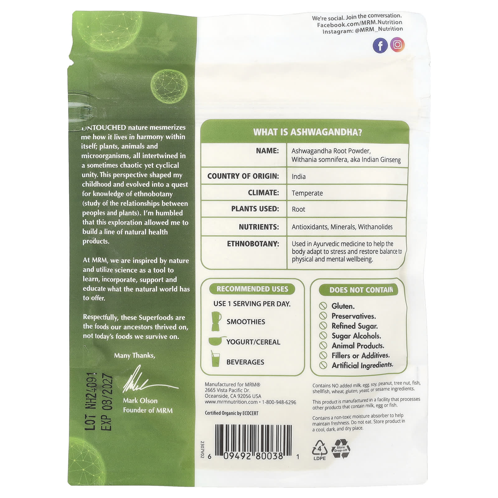 MRM Nutrition, Organic Ashwagandha Root Powder, 4 oz (113 g)