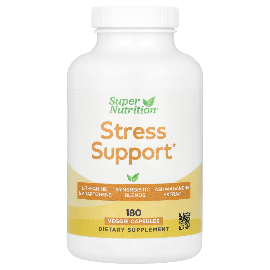 Super Nutrition, Stress Support with L-Theanine, Ashwaghanda, Botanical Blend, and Enzymes, 180 Veggie Capsules
