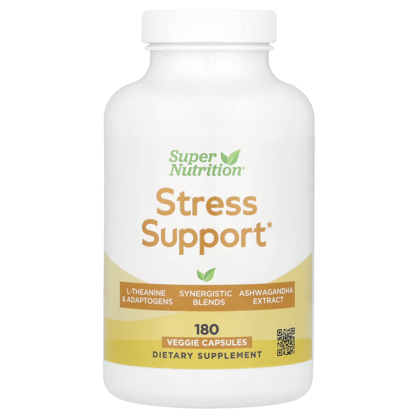 Super Nutrition, Stress Support with L-Theanine, Ashwaghanda, Botanical Blend, and Enzymes, 180 Veggie Capsules