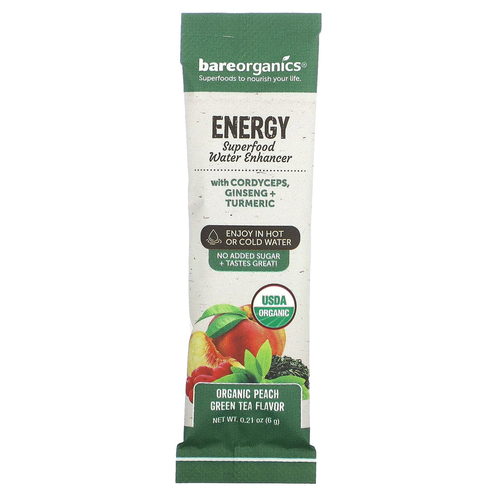 BareOrganics, Energy, Superfood Water Enhancer, Organic Peach Green Tea, 12 Stick Packets, 0.21 oz (6 g) Each